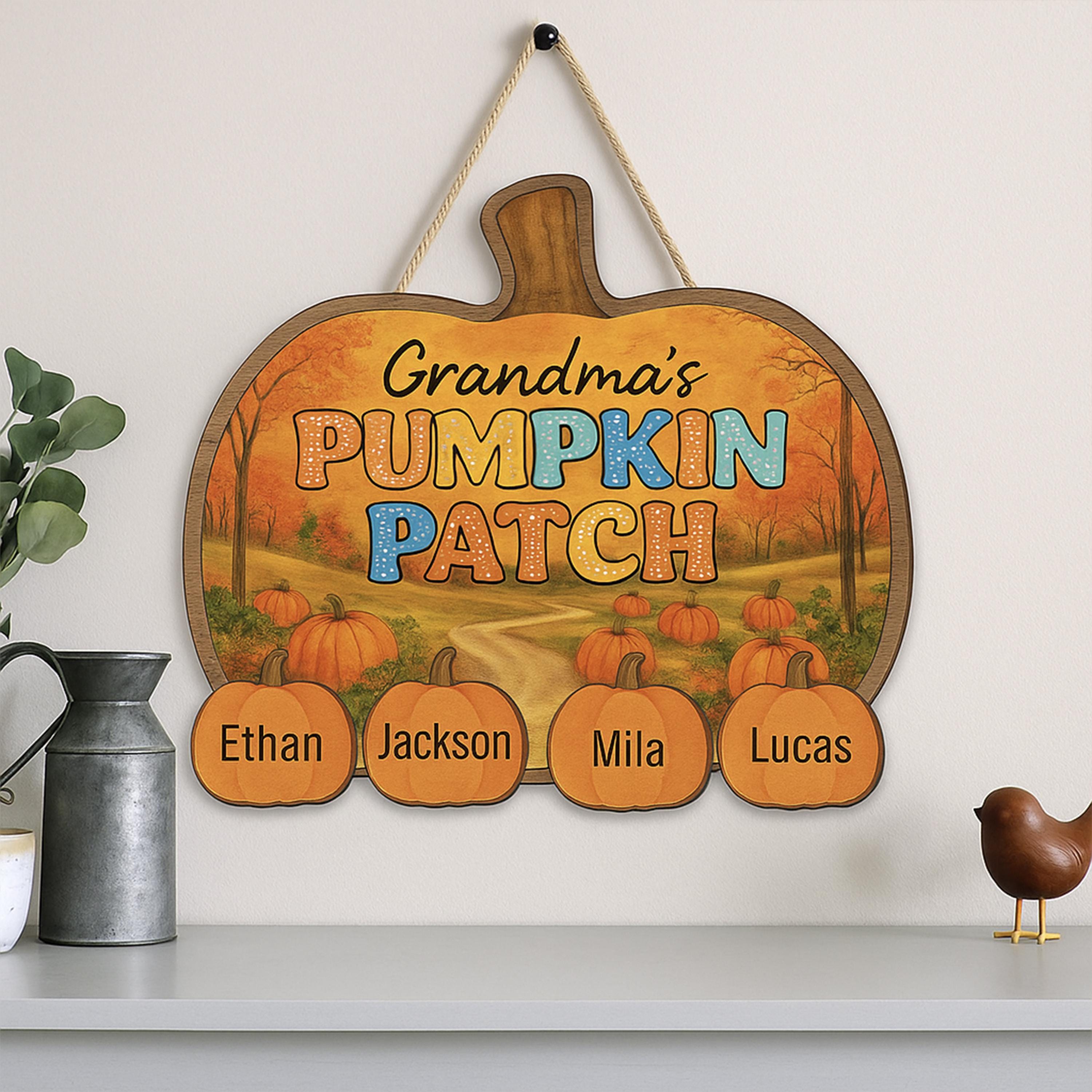 Personalized Grandma's Pumpkin Patch Sign, Custom Grandkids Names, 2 Layer Wood Fall Decor, Gift for Nana, Autumn Family Name Plaque