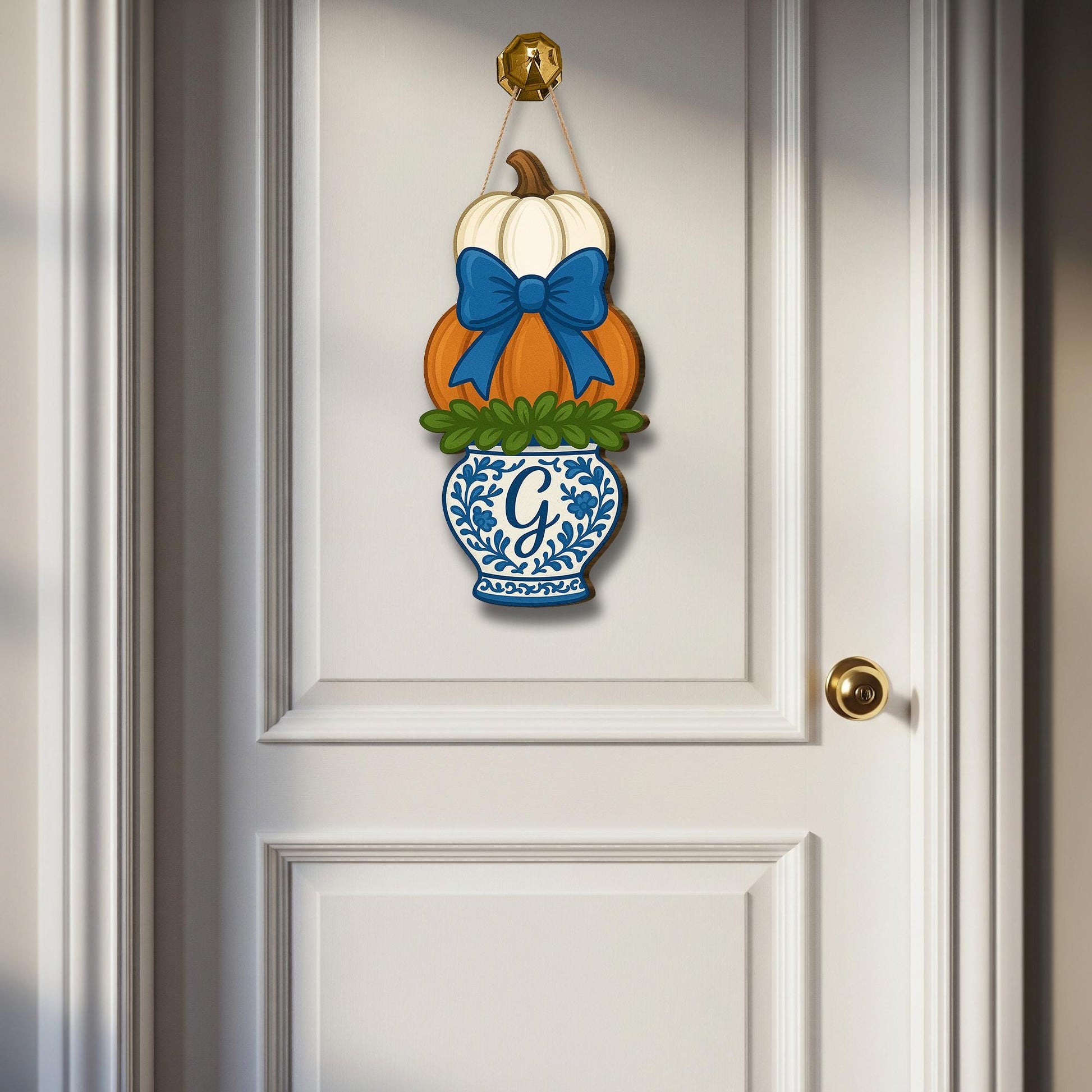 Monogram Pumpkin Door Hanger with Blue Chinoiserie Vase | Fall Front Door Decor | Personalized Autumn Hanging Sign with Bow, Halloween Decor