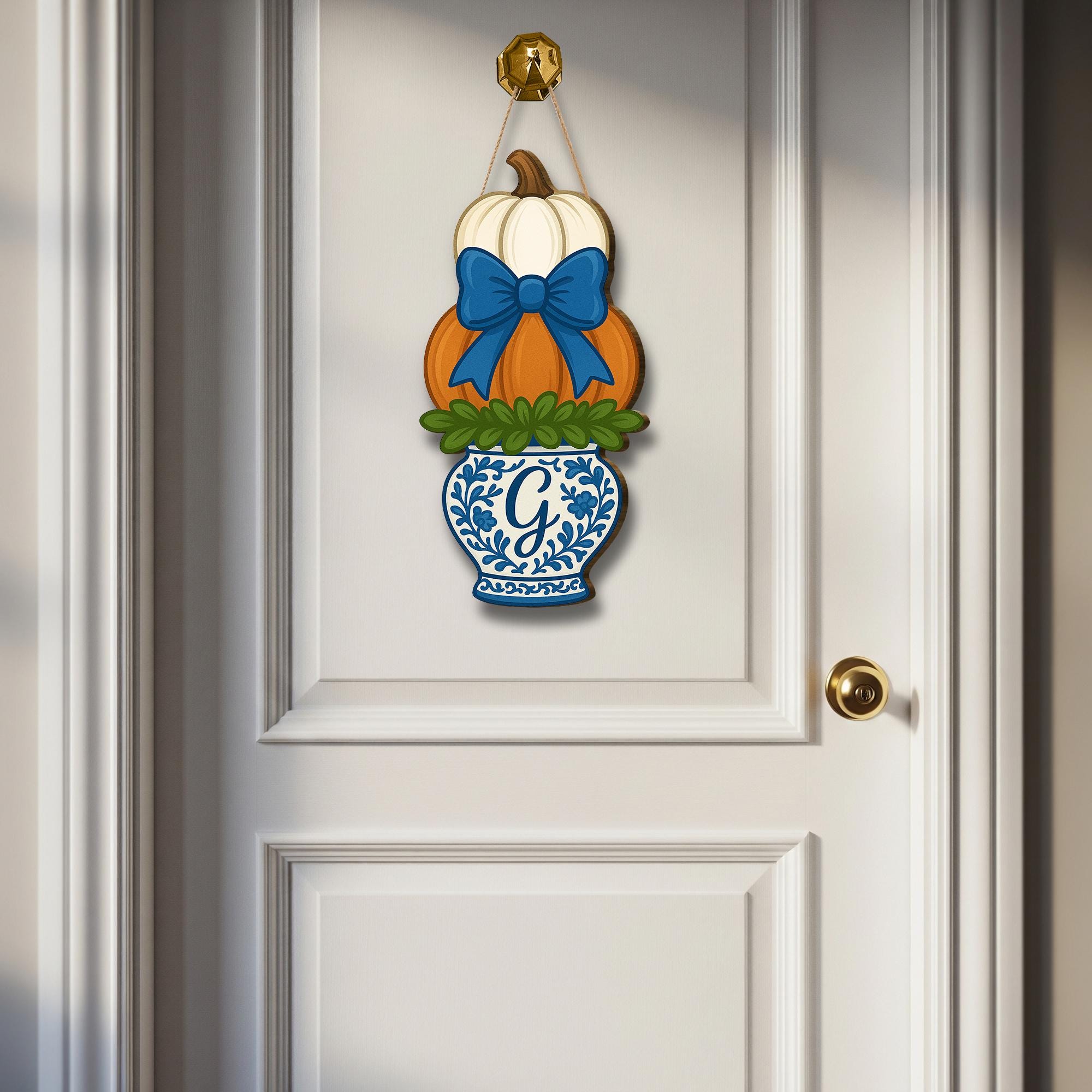 Monogram Pumpkin Door Hanger with Blue Chinoiserie Vase | Fall Front Door Decor | Personalized Autumn Hanging Sign with Bow, Halloween Decor