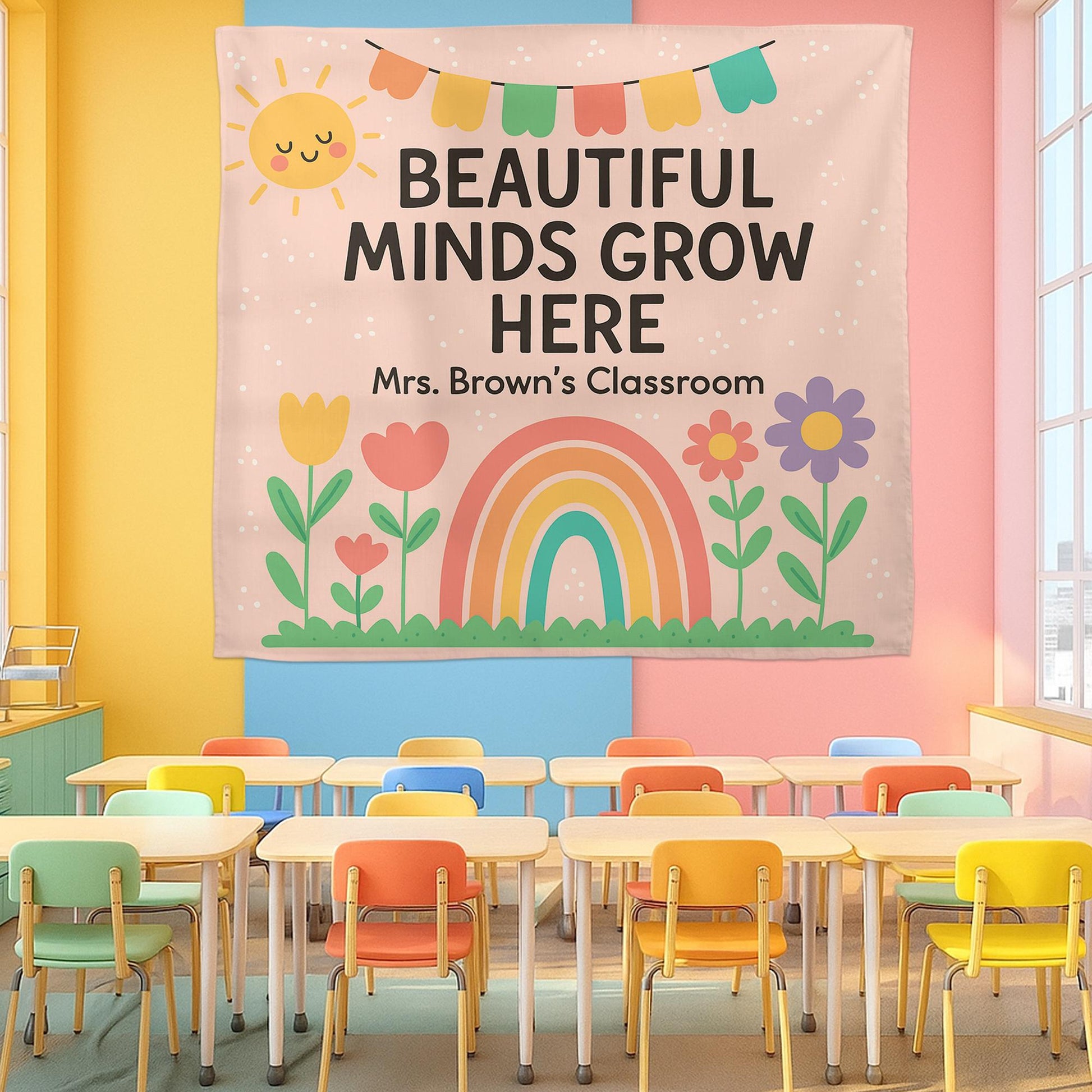 Beautiful Minds Grow Here Classroom Banner, Personalized Teacher Wall Decor, Rainbow Floral Back to School Sign for Kid Room, Back To School