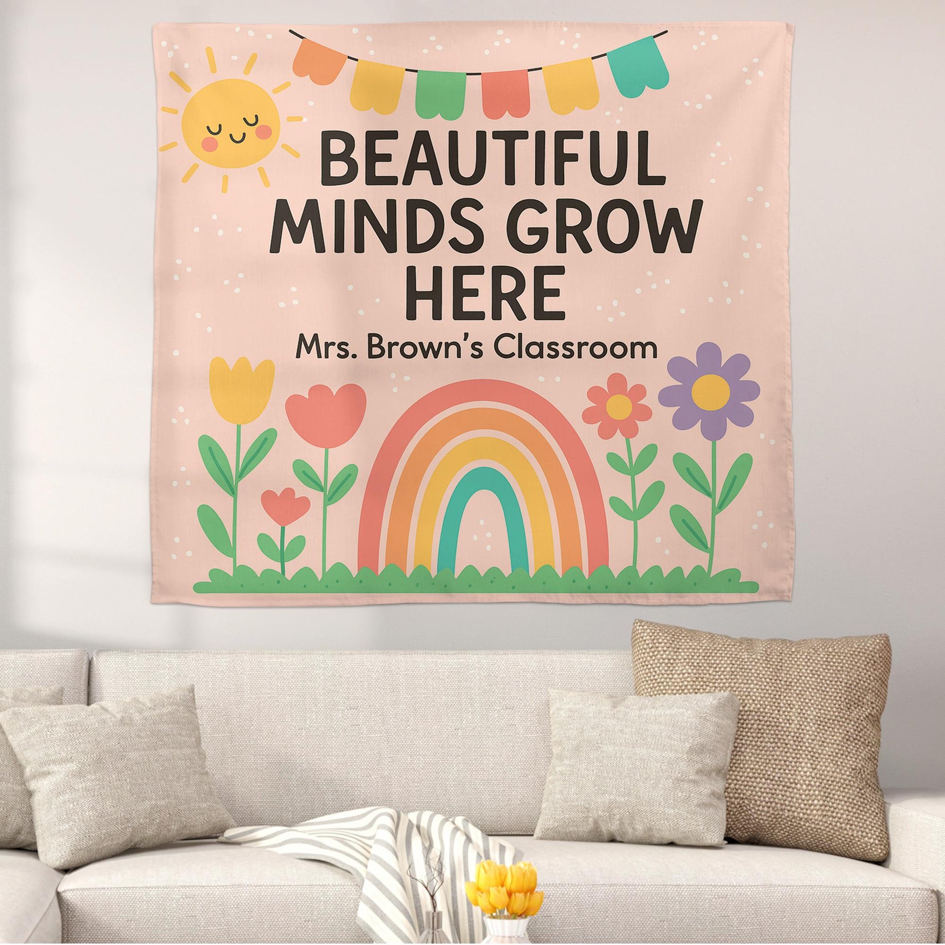 Beautiful Minds Grow Here Classroom Banner, Personalized Teacher Wall Decor, Rainbow Floral Back to School Sign for Kid Room, Back To School