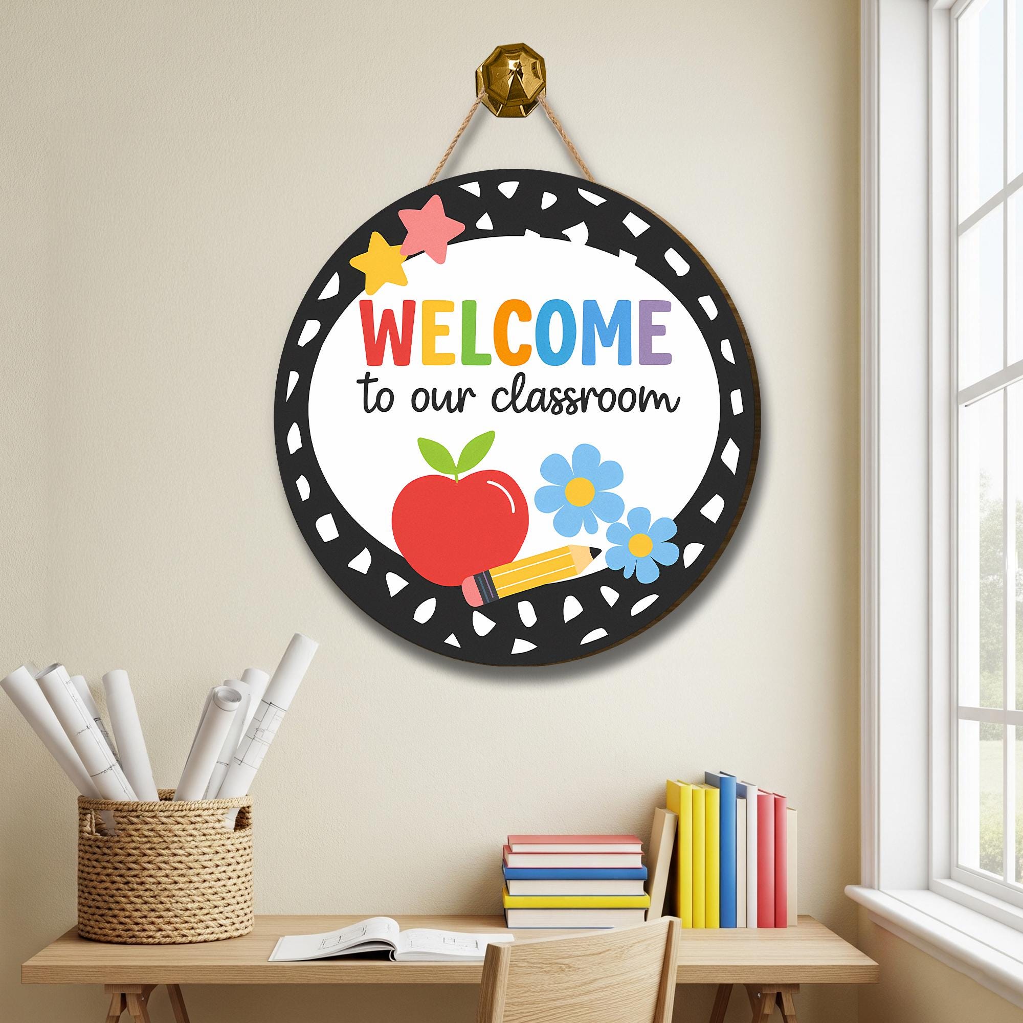 Welcome to Our Classroom Round Door Sign, Cute Teacher Back to School Decor, Apple Pencil Flower Classroom Wall Hanging, Classroom Wall Art