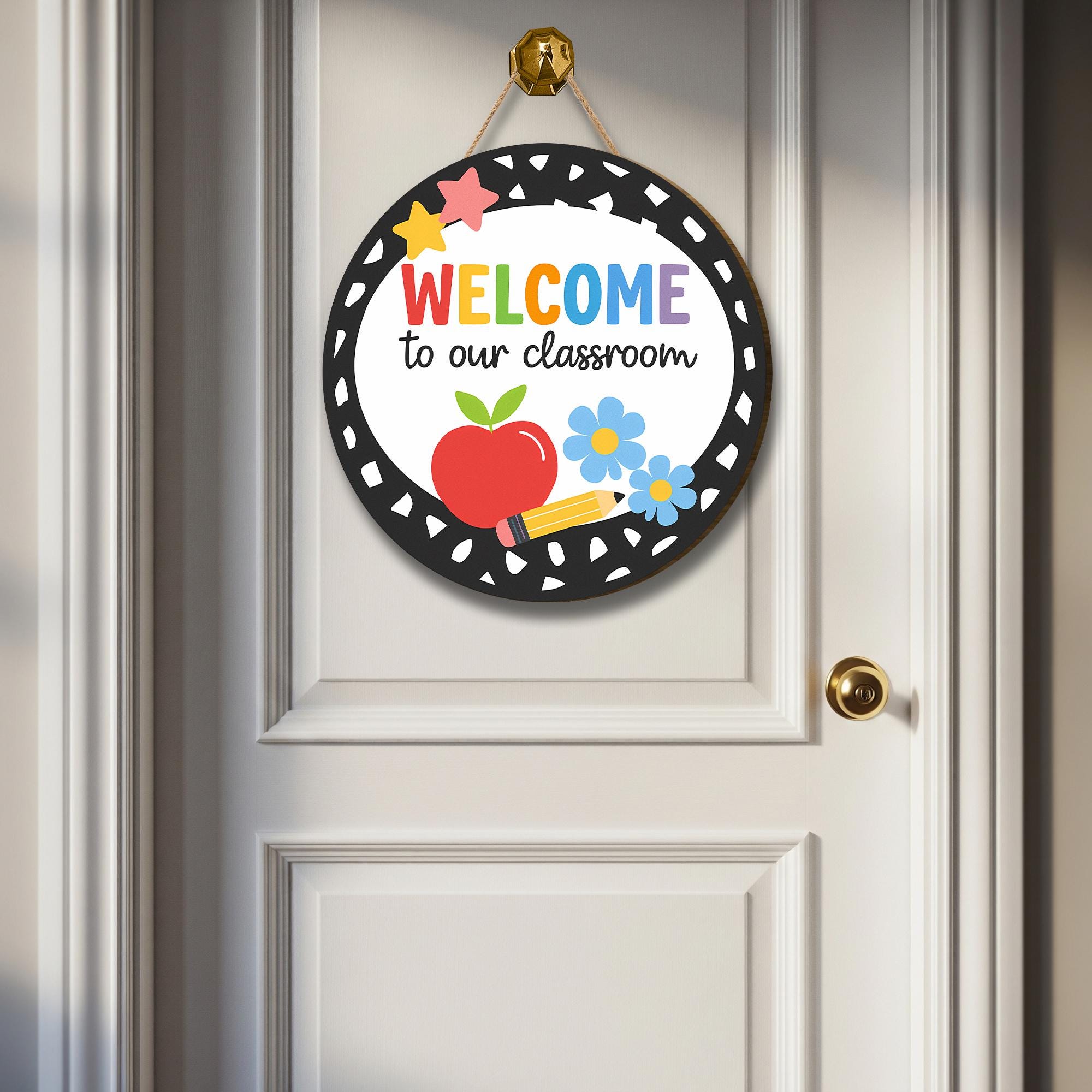 Welcome to Our Classroom Round Door Sign, Cute Teacher Back to School Decor, Apple Pencil Flower Classroom Wall Hanging, Classroom Wall Art