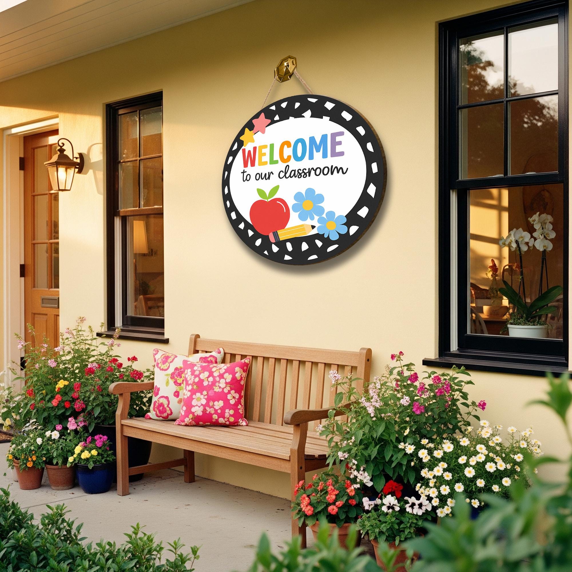 Welcome to Our Classroom Round Door Sign, Cute Teacher Back to School Decor, Apple Pencil Flower Classroom Wall Hanging, Classroom Wall Art