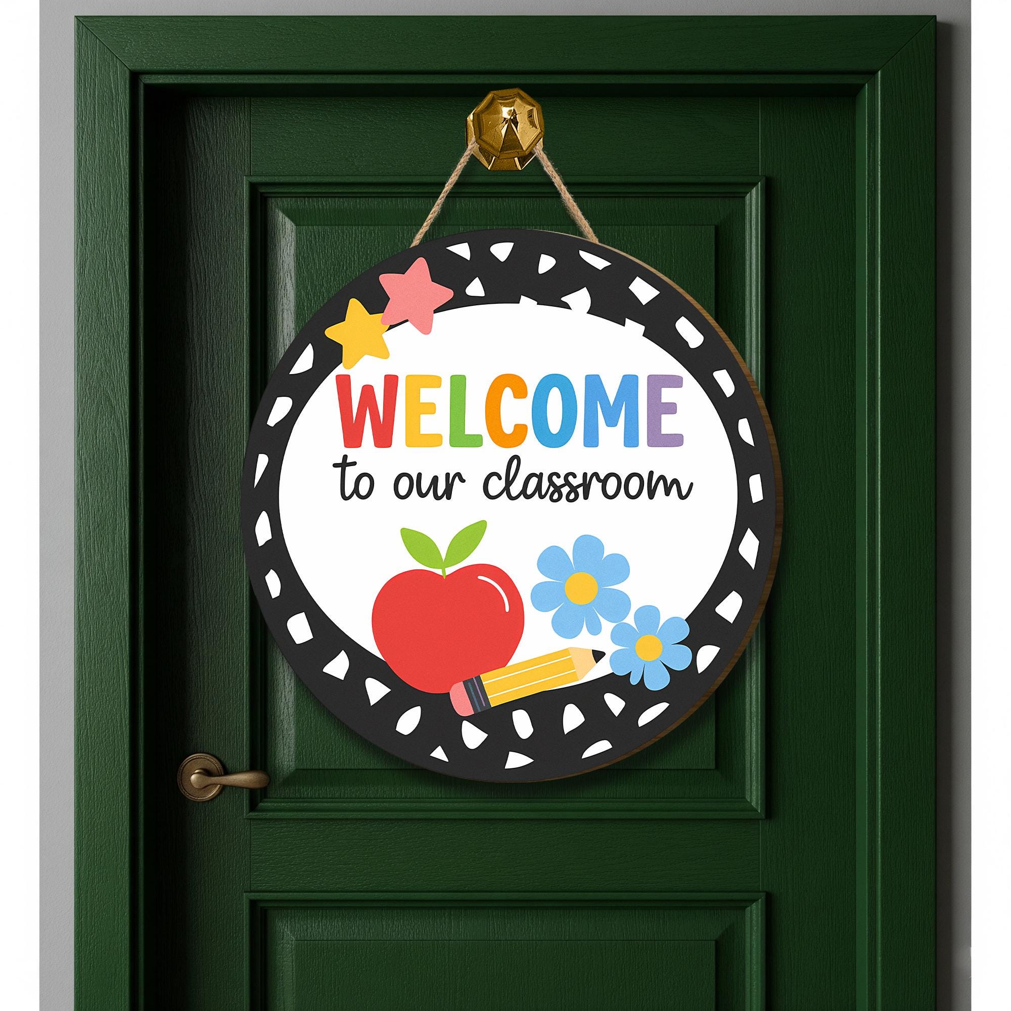 Welcome to Our Classroom Round Door Sign, Cute Teacher Back to School Decor, Apple Pencil Flower Classroom Wall Hanging, Classroom Wall Art