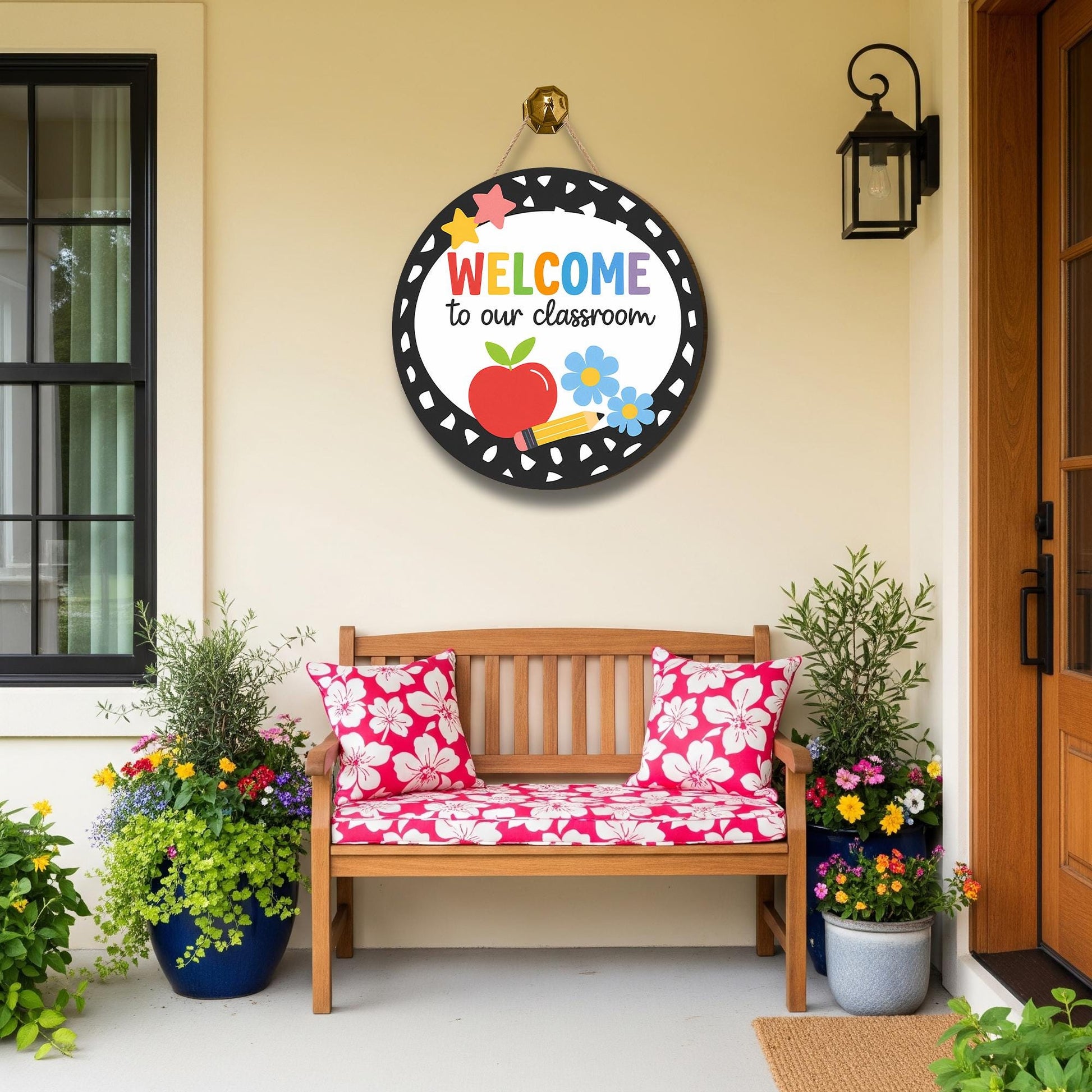 Welcome to Our Classroom Round Door Sign, Cute Teacher Back to School Decor, Apple Pencil Flower Classroom Wall Hanging, Classroom Wall Art