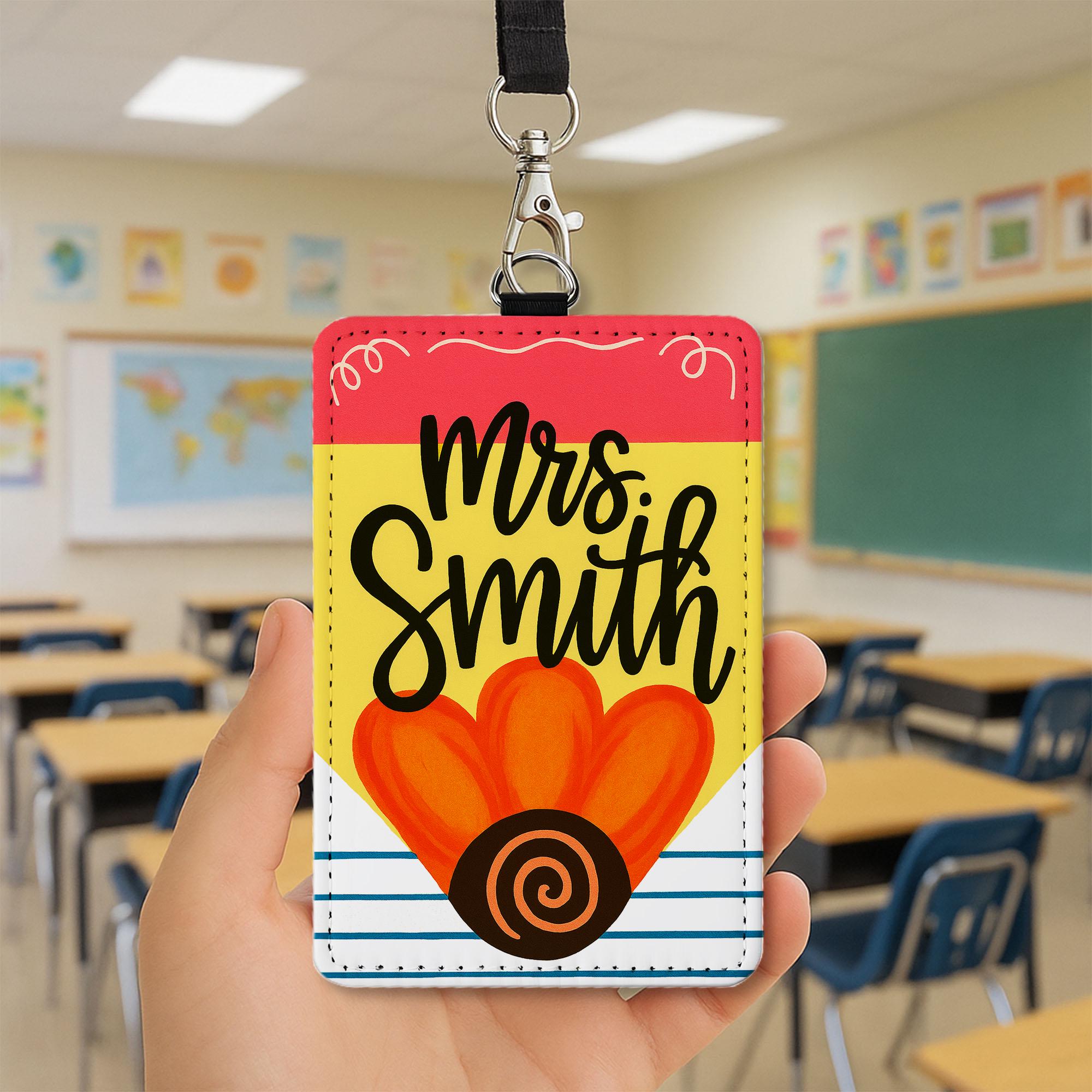 Personalized Teacher Pencil ID Badge Holder | Cute Back to School Name Tag for Teachers, Educators | Classroom Lanyard Accessory ID Badge
