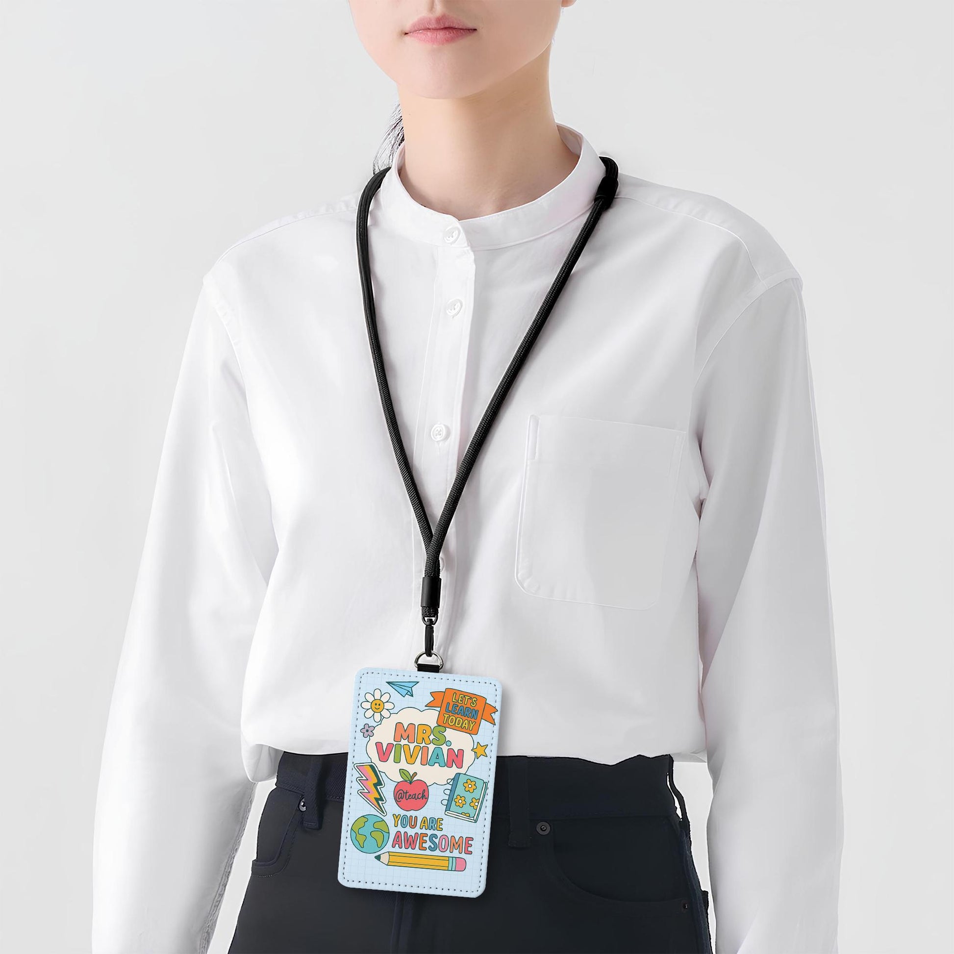 Personalized Teacher ID Badge Holder, Cute Doodle Style Name Tag for Teachers, Educators | Back to School Lanyard Accessory, Teacher Lanyard