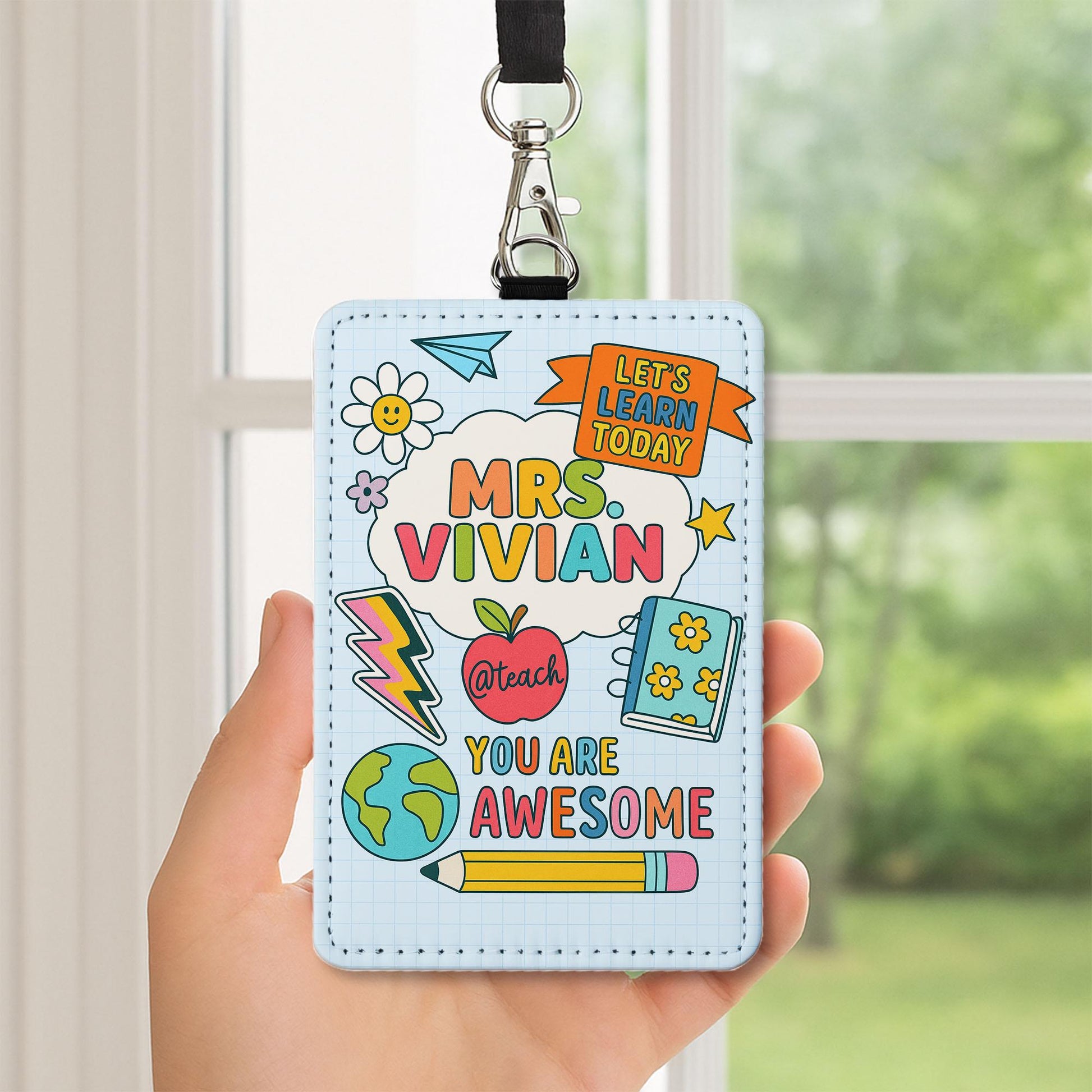Personalized Teacher ID Badge Holder, Cute Doodle Style Name Tag for Teachers, Educators | Back to School Lanyard Accessory, Teacher Lanyard