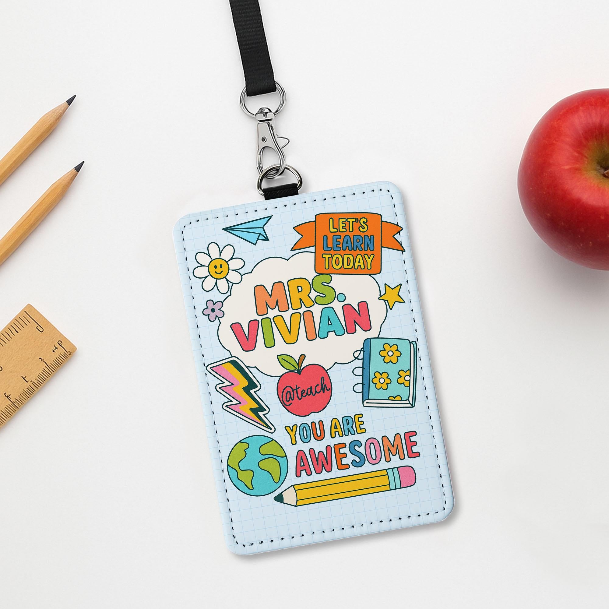 Personalized Teacher ID Badge Holder, Cute Doodle Style Name Tag for Teachers, Educators | Back to School Lanyard Accessory, Teacher Lanyard