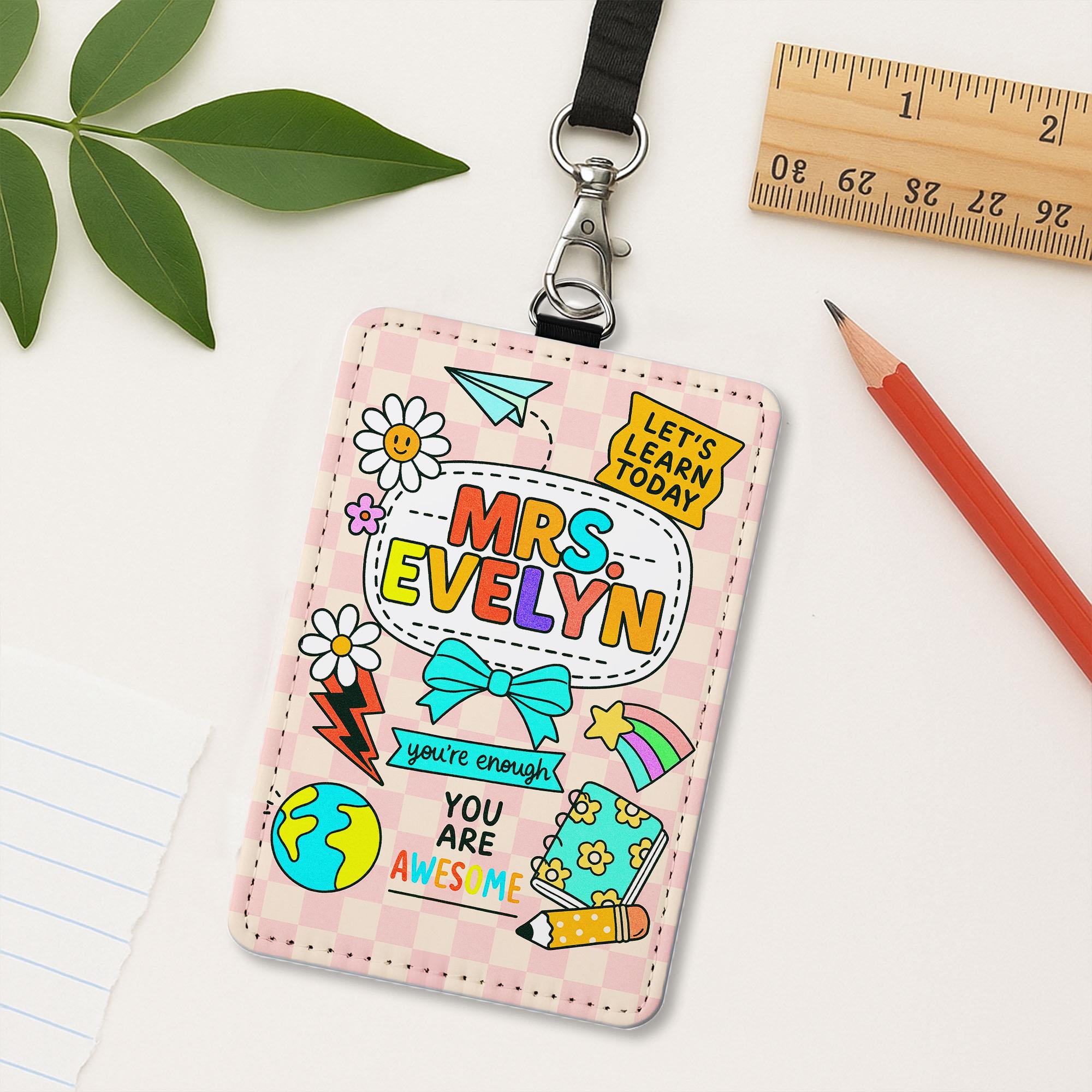 Personalized Teacher ID Badge Holder, Cute Checkerboard Name Tag for Teachers, Educators, Staff | Back to School Classroom Lanyard Accessory