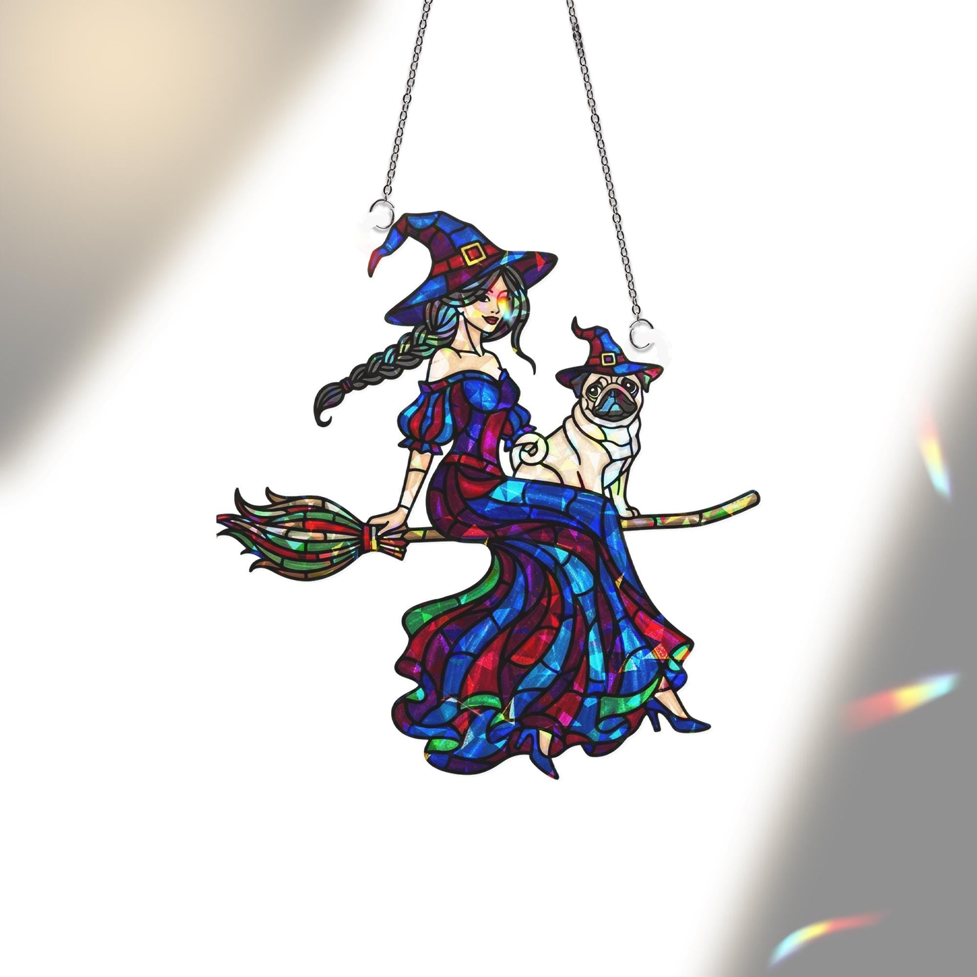 Witch and Pug ACRYLIC Hologram, Halloween Window Decor, Holographic Window Hanging, Witchy Fall Decor, Spooky Window Ornament