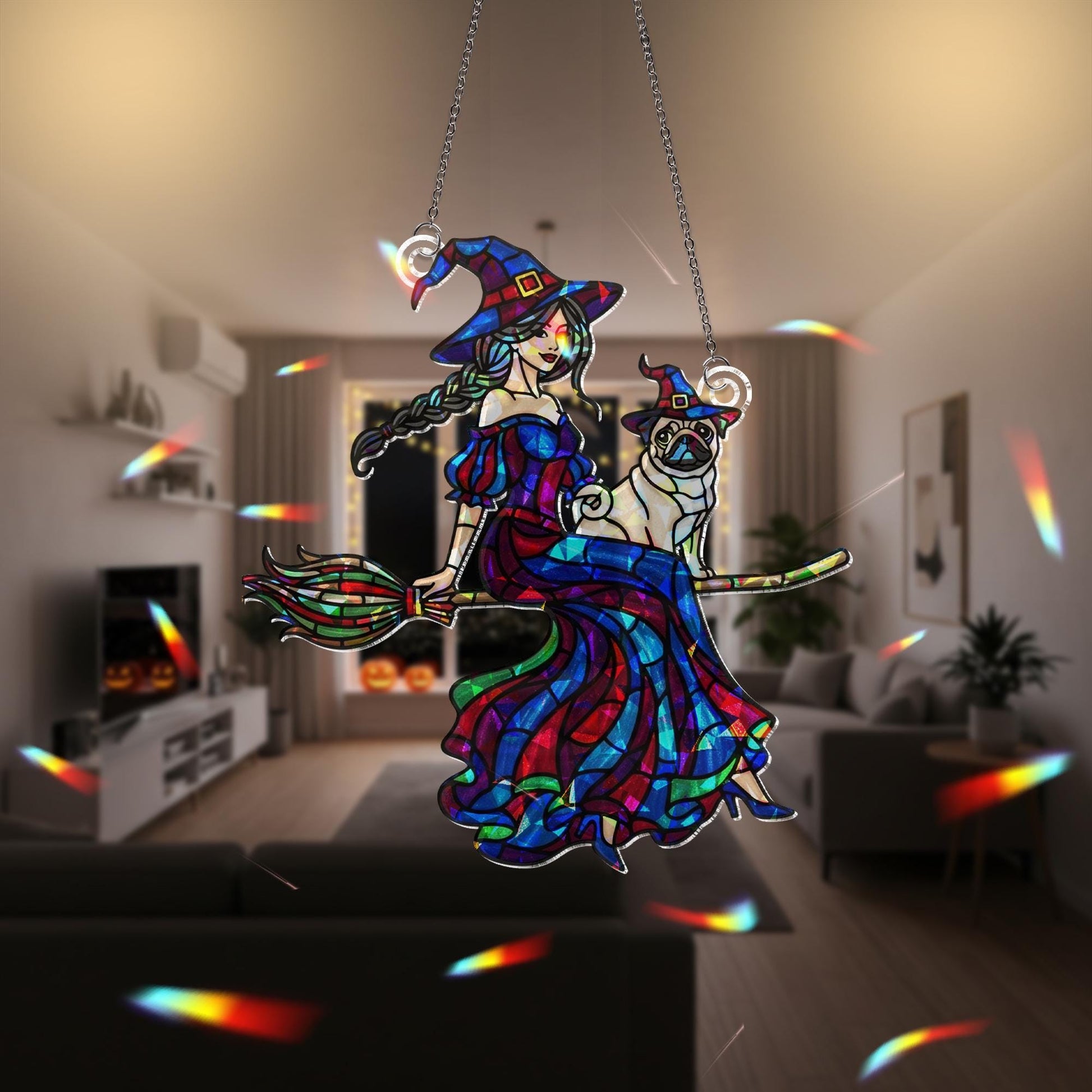 Witch and Pug ACRYLIC Hologram, Halloween Window Decor, Holographic Window Hanging, Witchy Fall Decor, Spooky Window Ornament