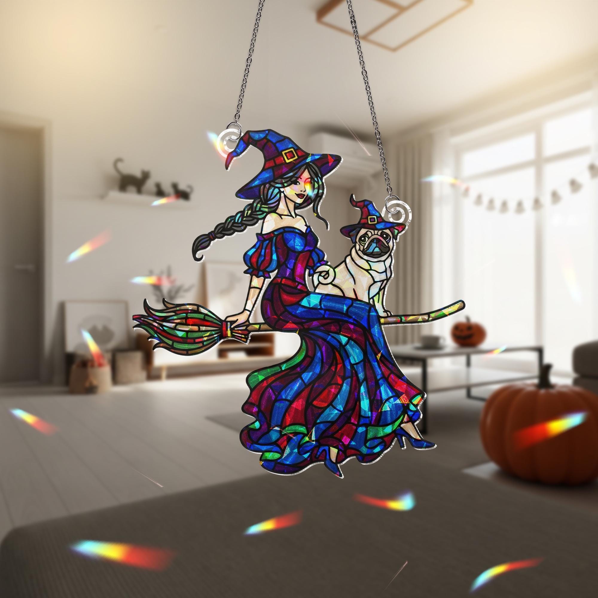 Witch and Pug ACRYLIC Hologram, Halloween Window Decor, Holographic Window Hanging, Witchy Fall Decor, Spooky Window Ornament