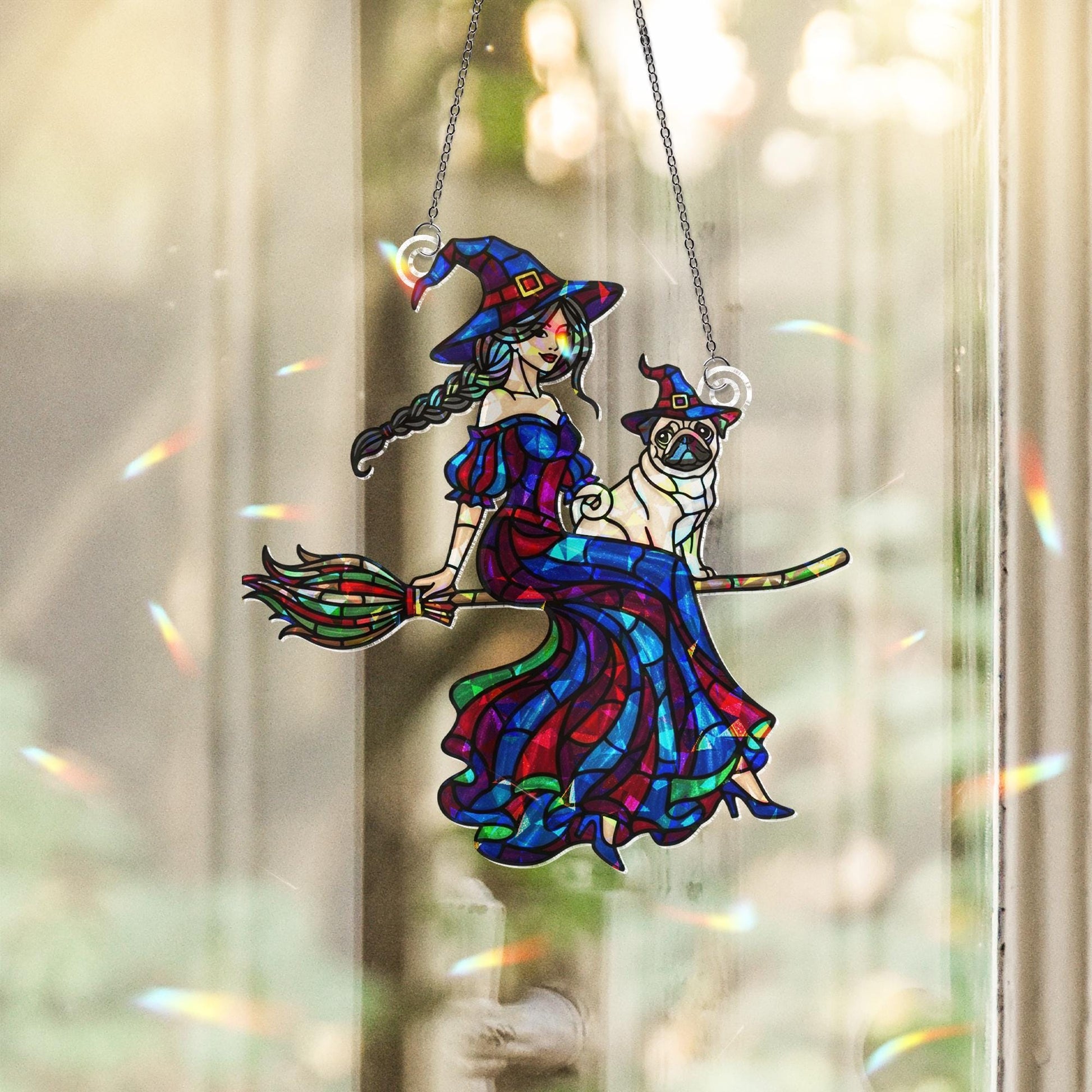 Witch and Pug ACRYLIC Hologram, Halloween Window Decor, Holographic Window Hanging, Witchy Fall Decor, Spooky Window Ornament