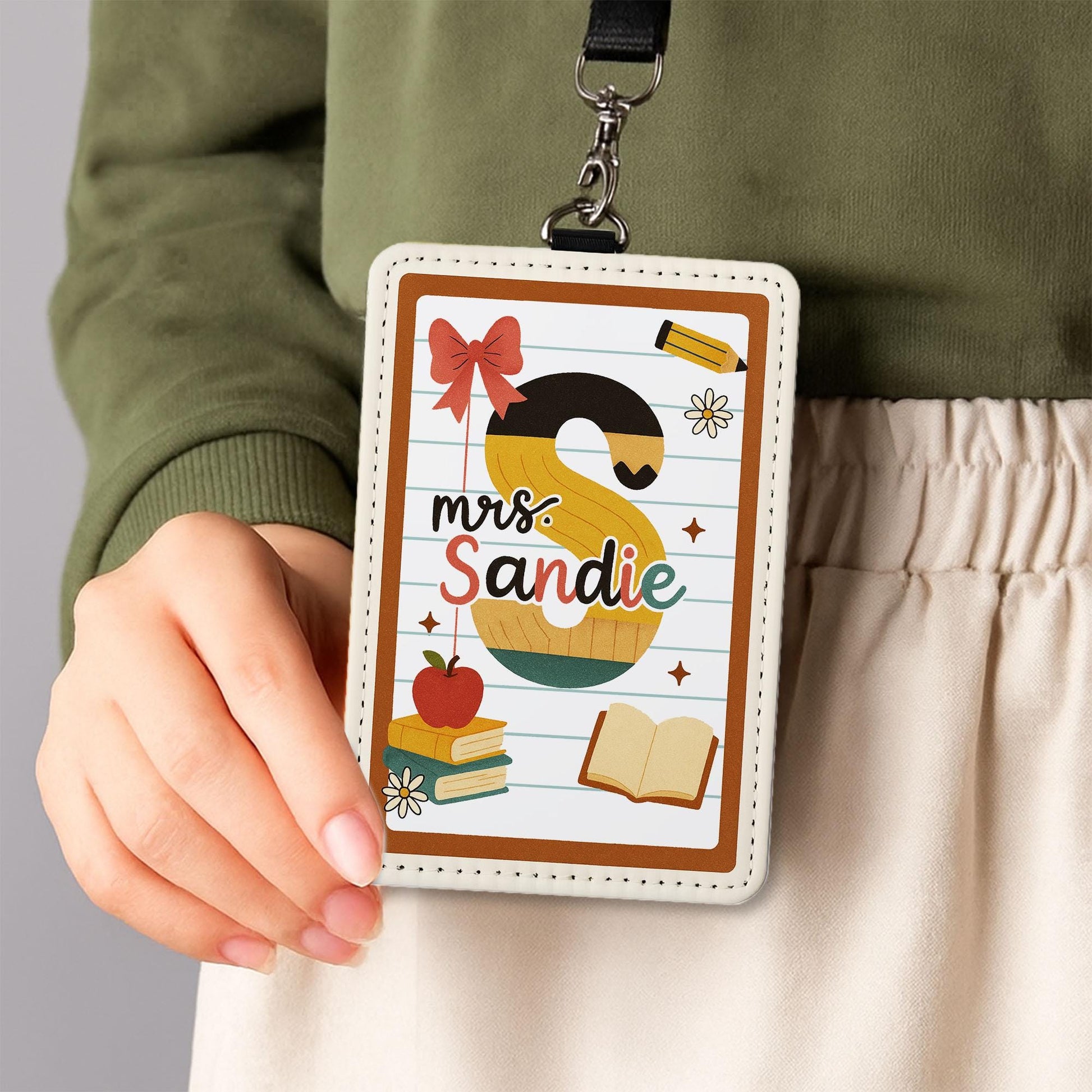 Personalized Teacher ID Badge Holder | Retro Alphabet Name Tag for Teachers, Educators | Cute Back to School Lanyard Classroom Accessory
