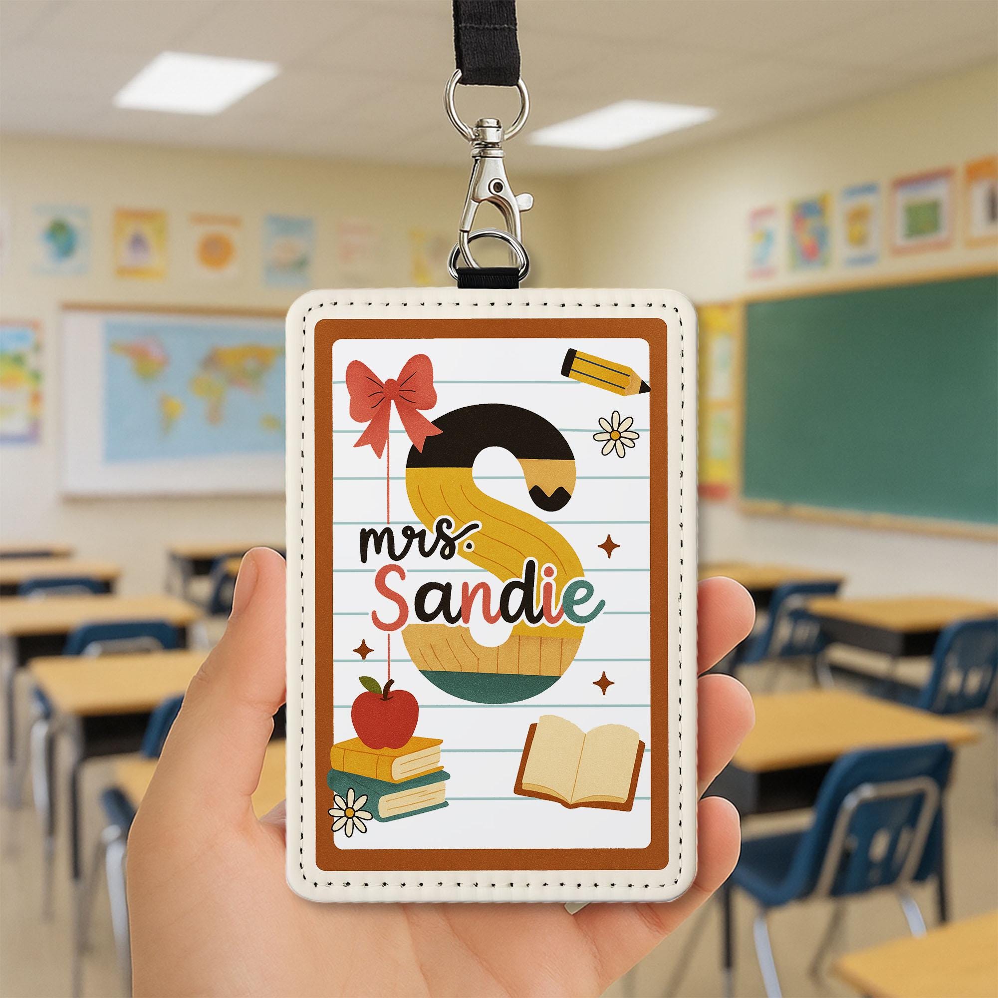 Personalized Teacher ID Badge Holder | Retro Alphabet Name Tag for Teachers, Educators | Cute Back to School Lanyard Classroom Accessory