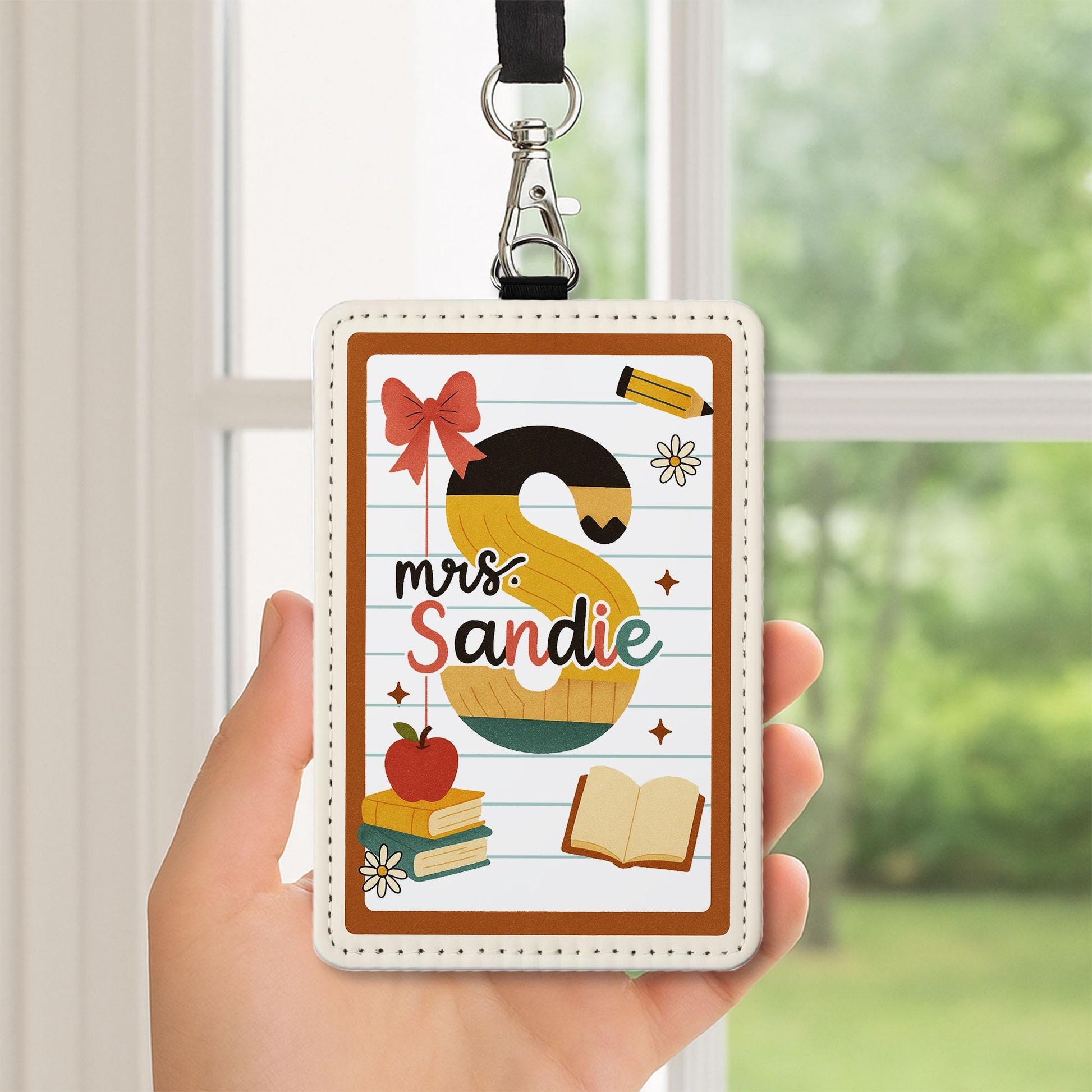 Personalized Teacher ID Badge Holder | Retro Alphabet Name Tag for Teachers, Educators | Cute Back to School Lanyard Classroom Accessory