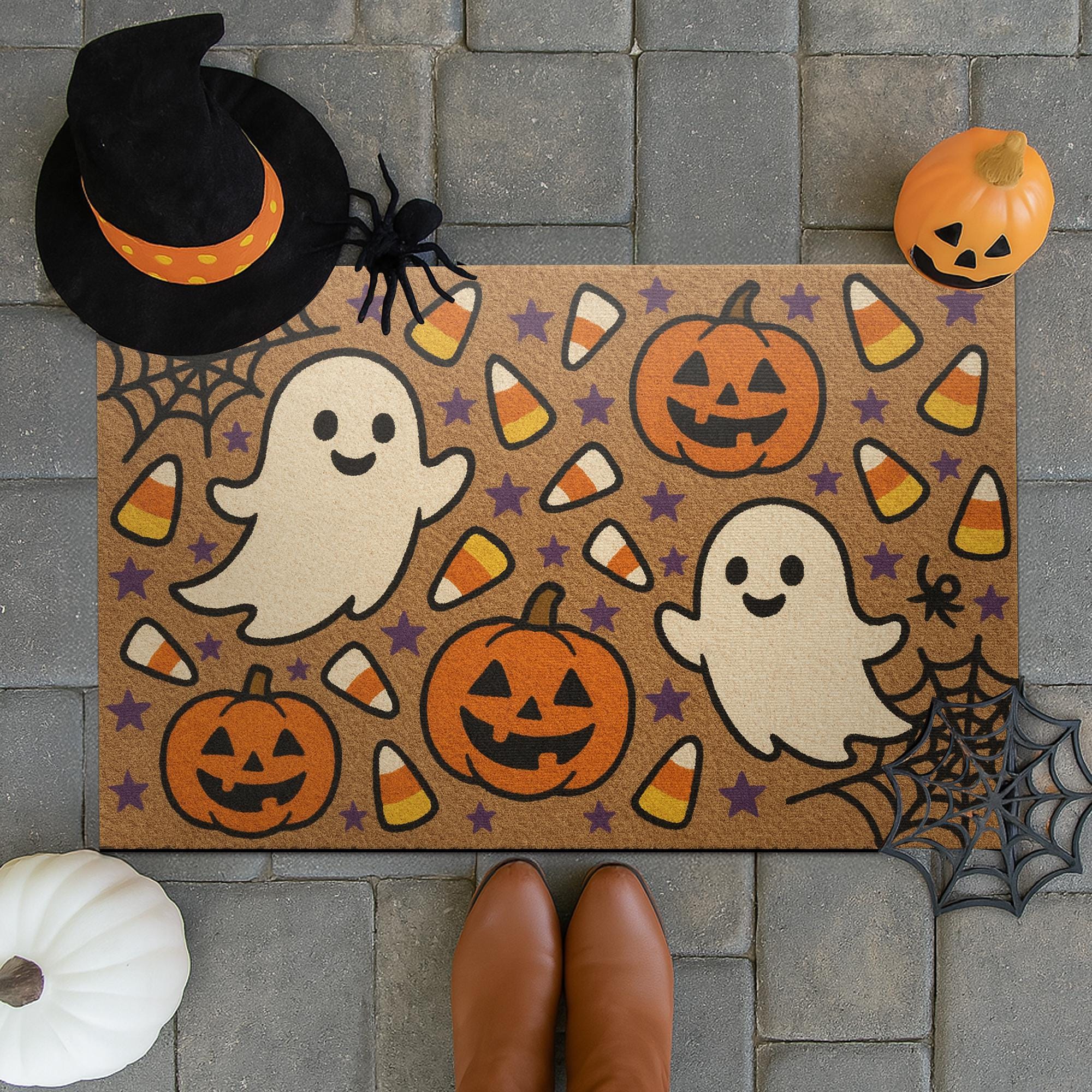 Cute Halloween Ghost Doormat, Pumpkin Candy Corn Fall Mat, Spooky Welcome Mat, Funny Halloween Porch Decor, Outdoor Fall Rug