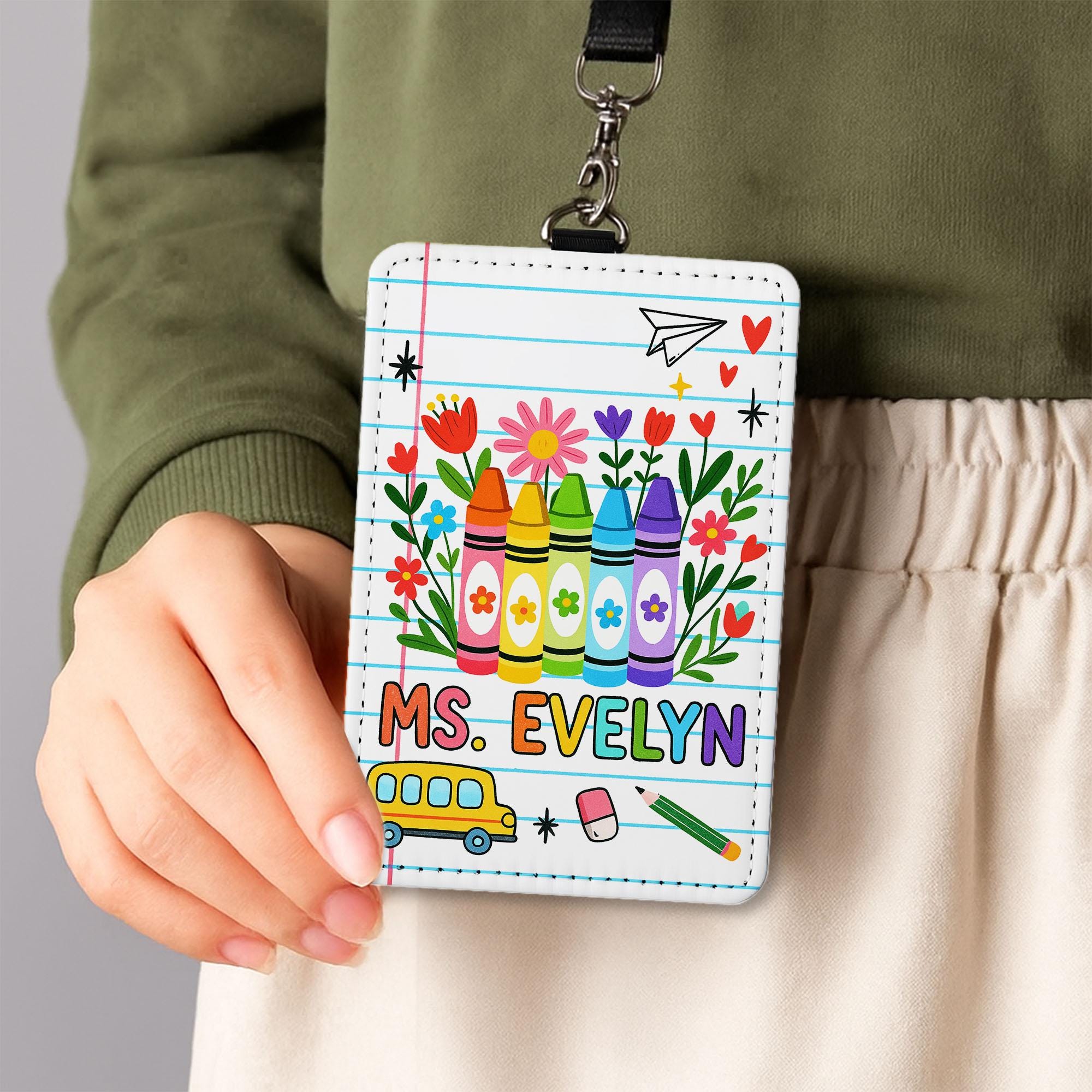 Personalized Teacher ID Badge Holder | Rainbow Crayon Name Tag for Teachers, Educators | Cute Back to School Lanyard Classroom Accessory