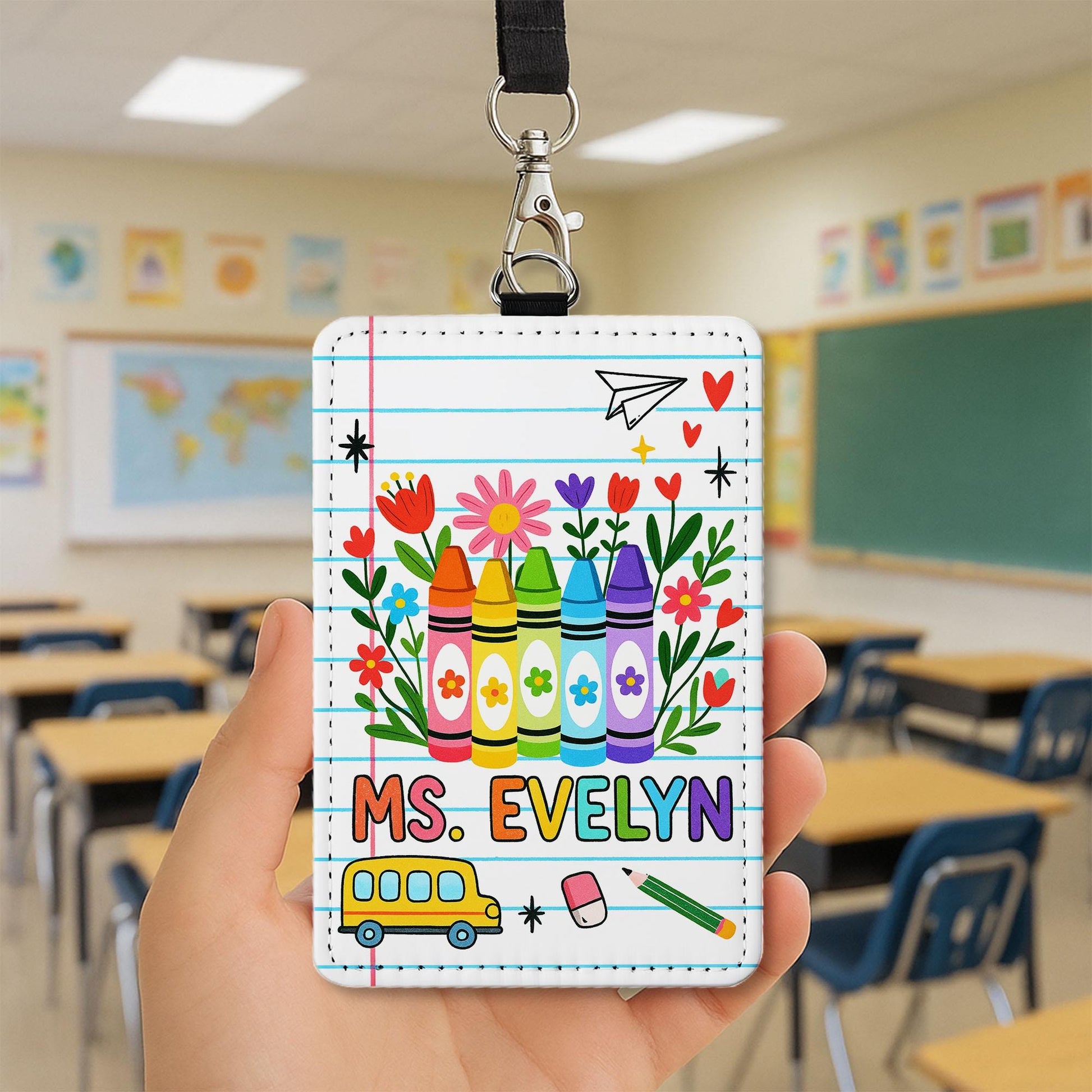 Personalized Teacher ID Badge Holder | Rainbow Crayon Name Tag for Teachers, Educators | Cute Back to School Lanyard Classroom Accessory