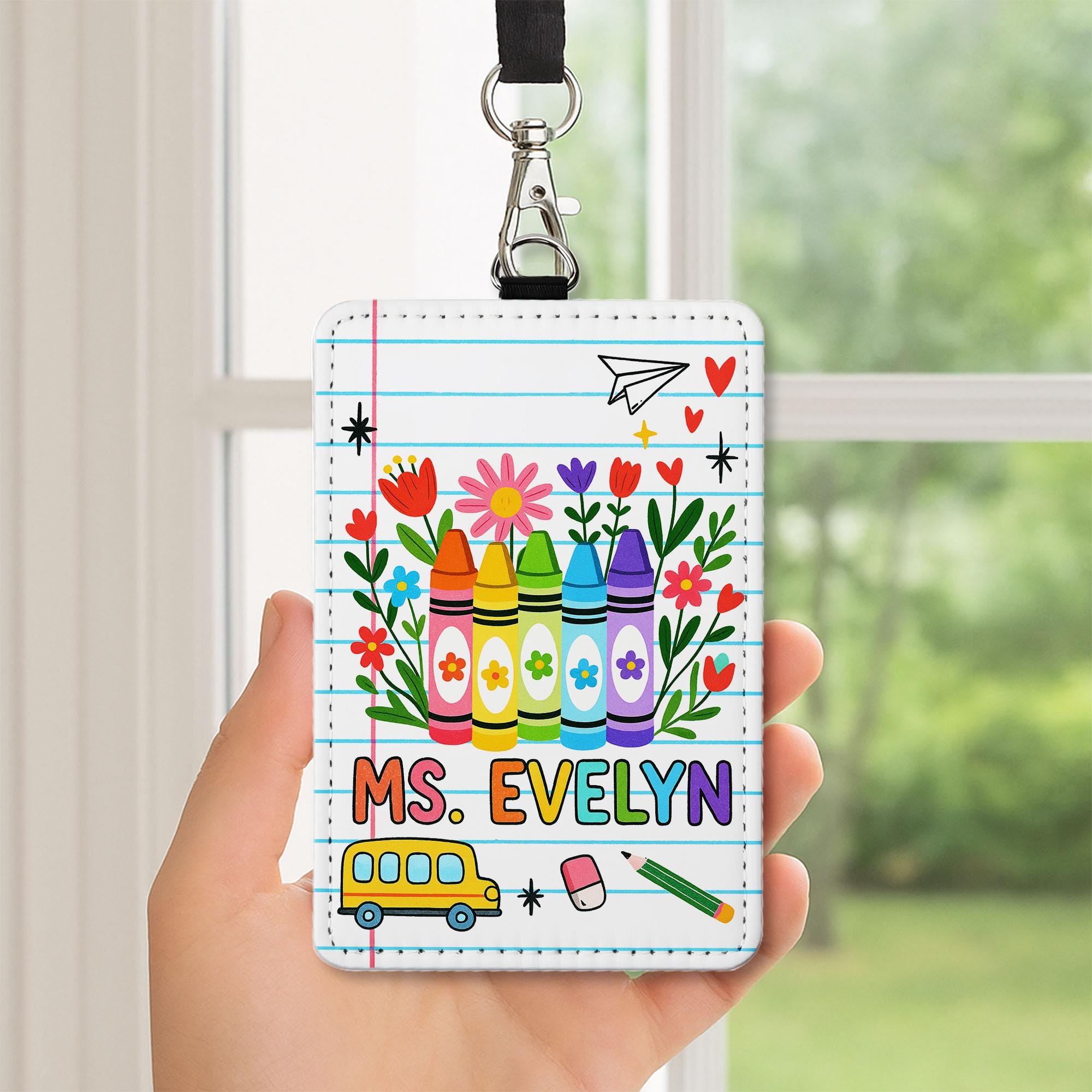 Personalized Teacher ID Badge Holder | Rainbow Crayon Name Tag for Teachers, Educators | Cute Back to School Lanyard Classroom Accessory