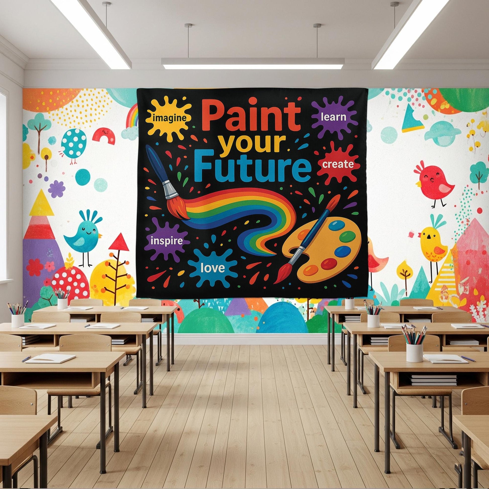 Paint Your Future Classroom Tapestry, Colorful Teacher Wall Decor, Motivational Art Banner for Kids, Art Room or School Decoration