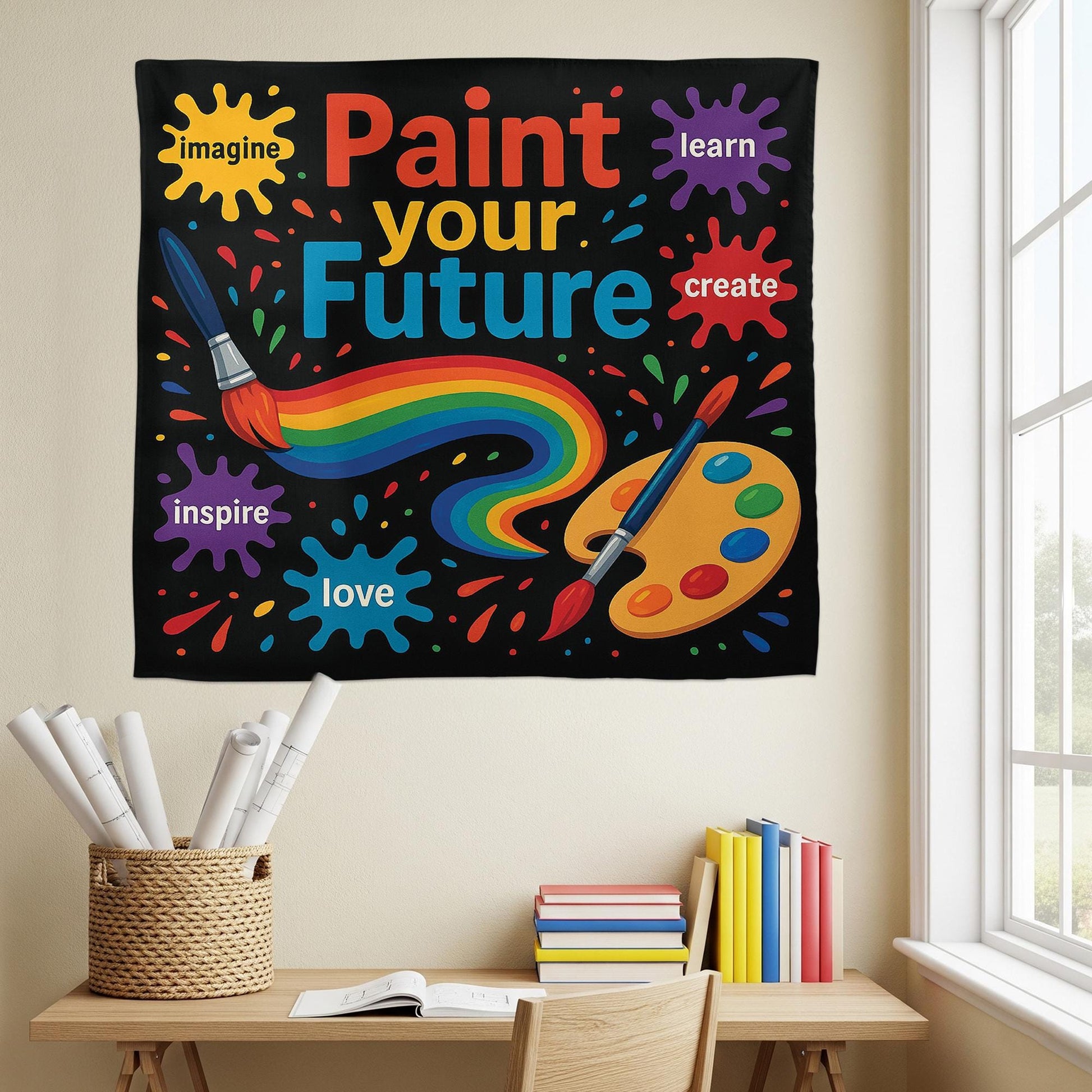 Paint Your Future Classroom Tapestry, Colorful Teacher Wall Decor, Motivational Art Banner for Kids, Art Room or School Decoration