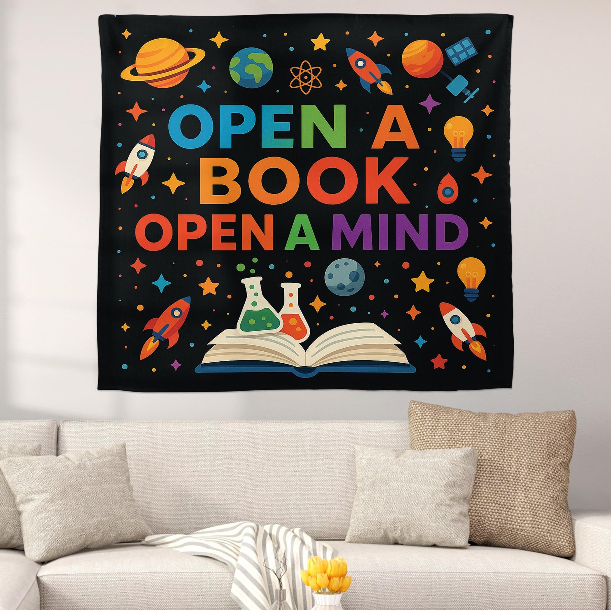 Open a Book Open a Mind Tapestry, Classroom Wall Decor, Reading Banner for Teachers, Educational Poster, Kids Learning Decoration