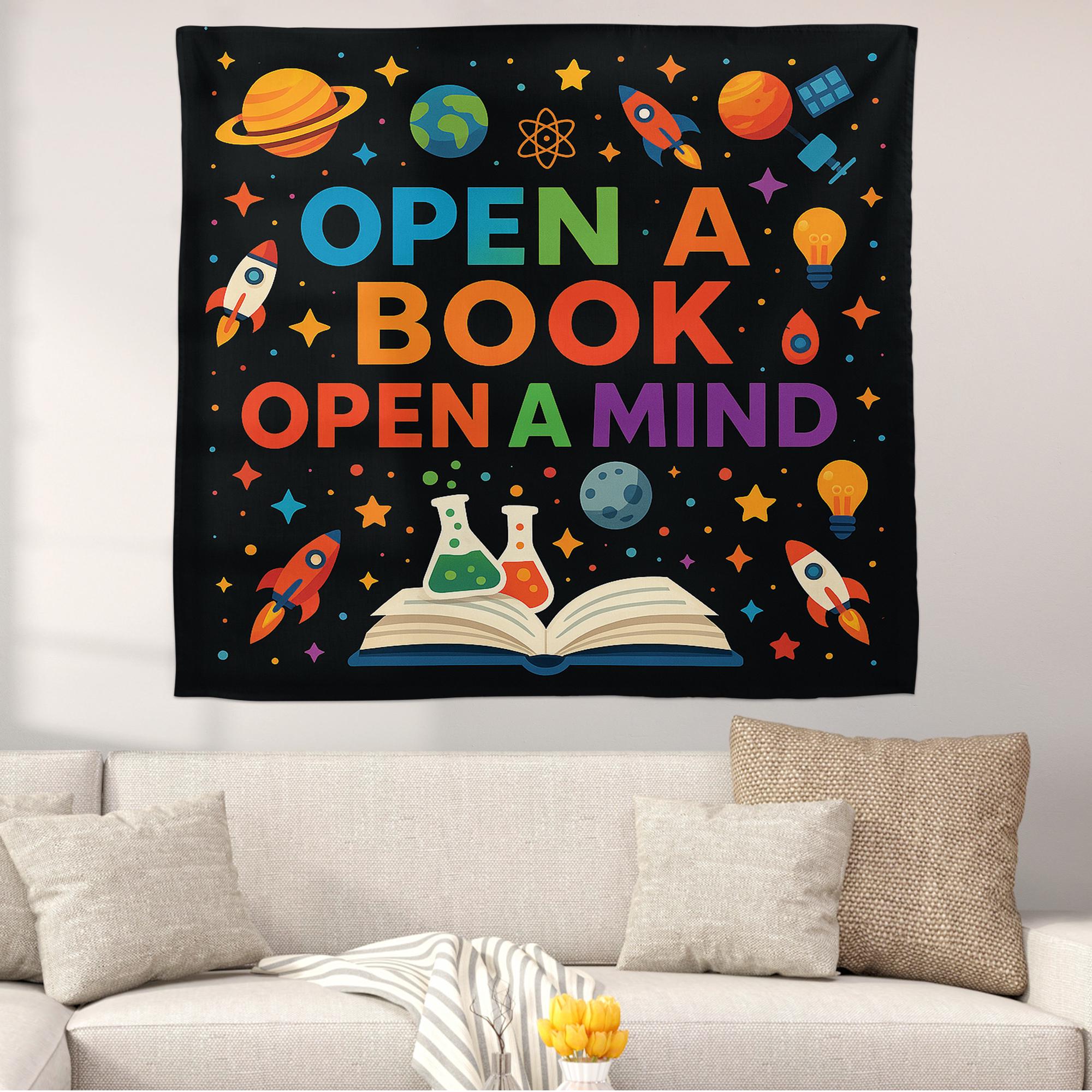 Open a Book Open a Mind Tapestry, Classroom Wall Decor, Reading Banner for Teachers, Educational Poster, Kids Learning Decoration