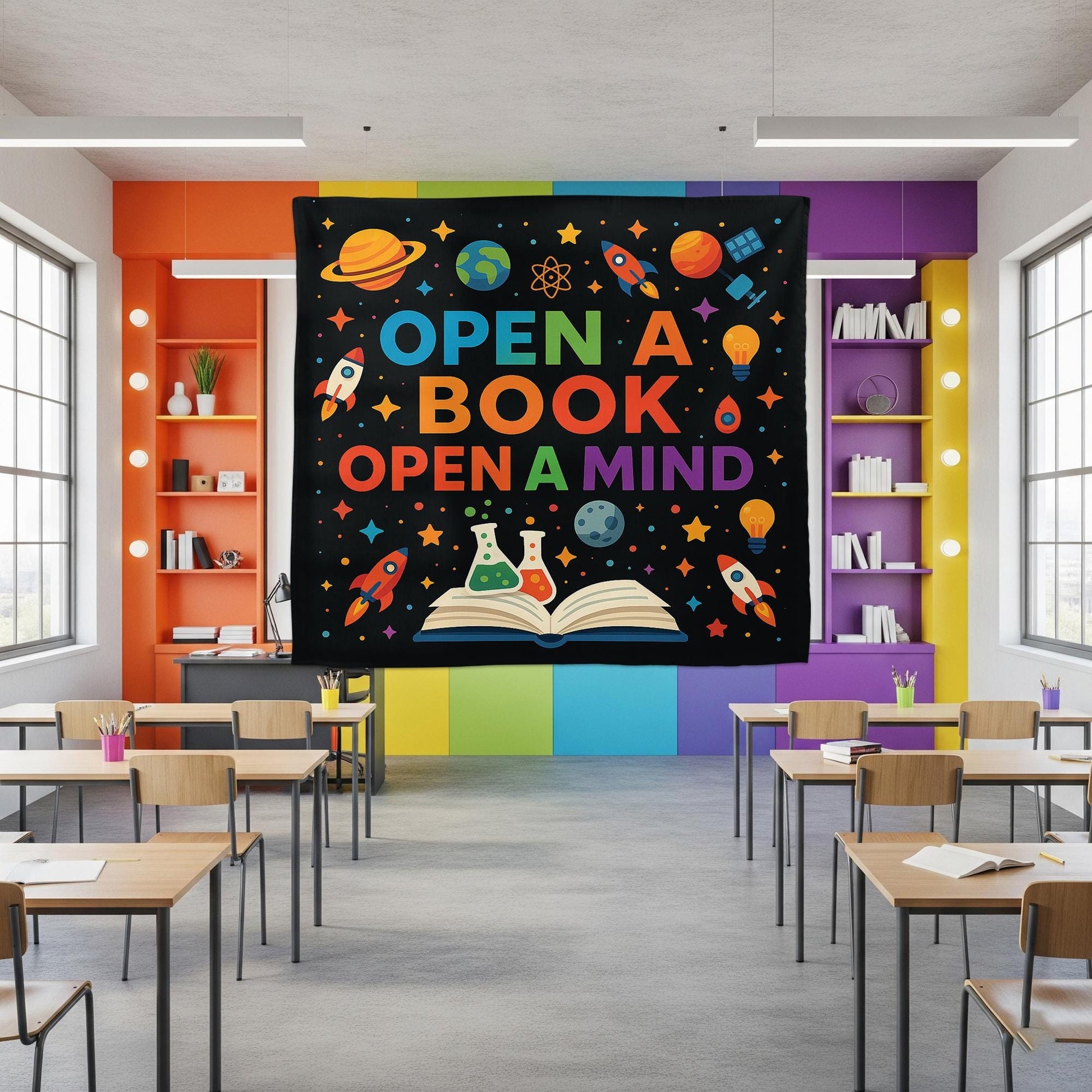 Open a Book Open a Mind Tapestry, Classroom Wall Decor, Reading Banner for Teachers, Educational Poster, Kids Learning Decoration