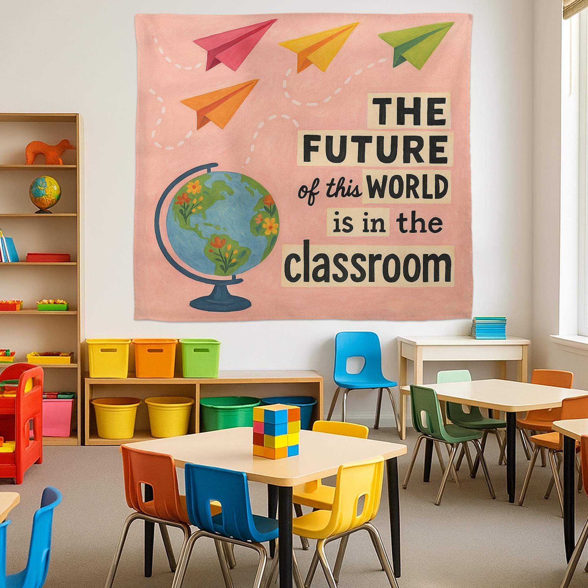 The Future Is in the Classroom Tapestry, Teacher Wall Art, Educational Globe Decor, Motivational Banner, Back to School Classroom Sign