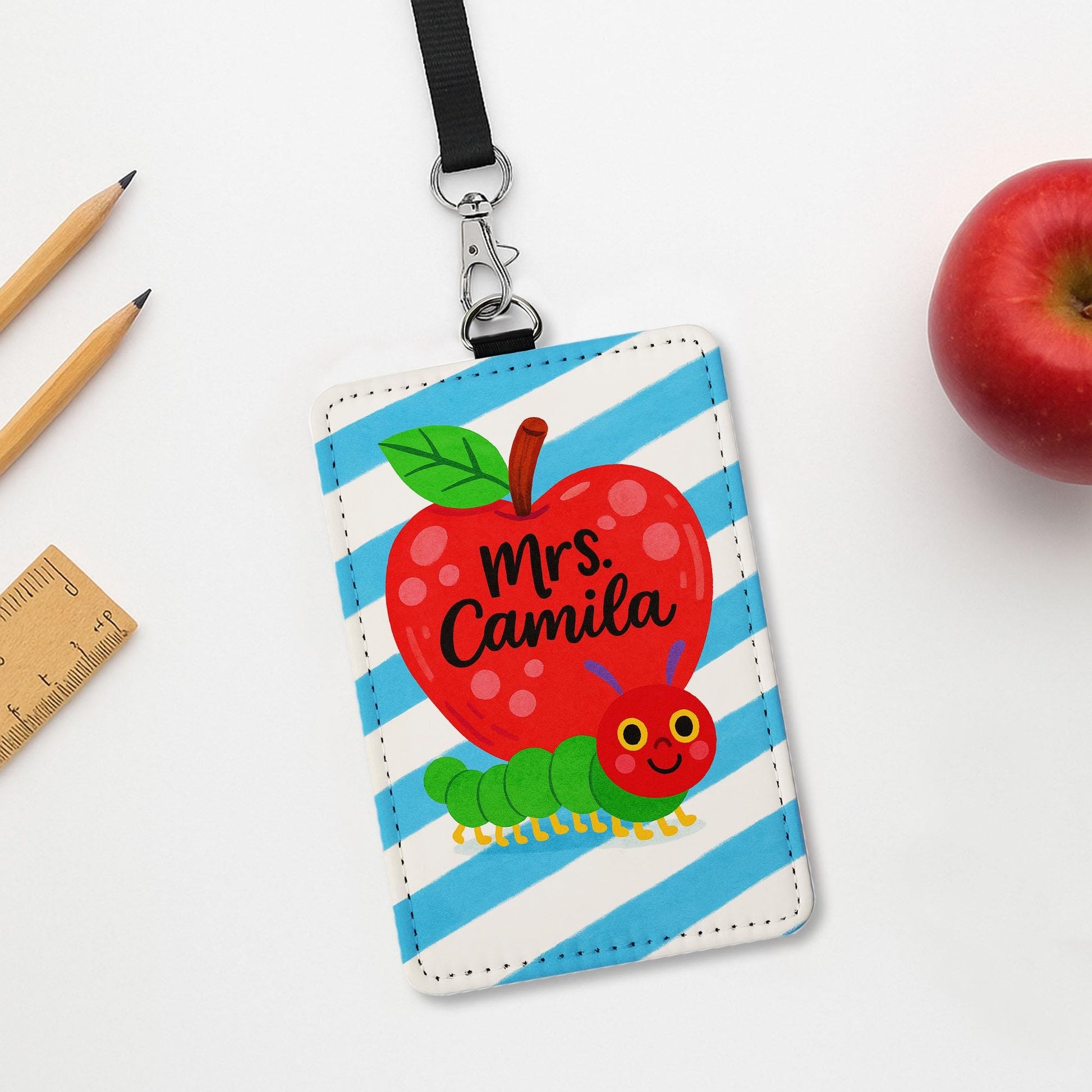 Personalized Teacher ID Badge Holder | Cute Apple and Caterpillar Name Tag for Teachers, Educators | Back to School Lanyard Accessory
