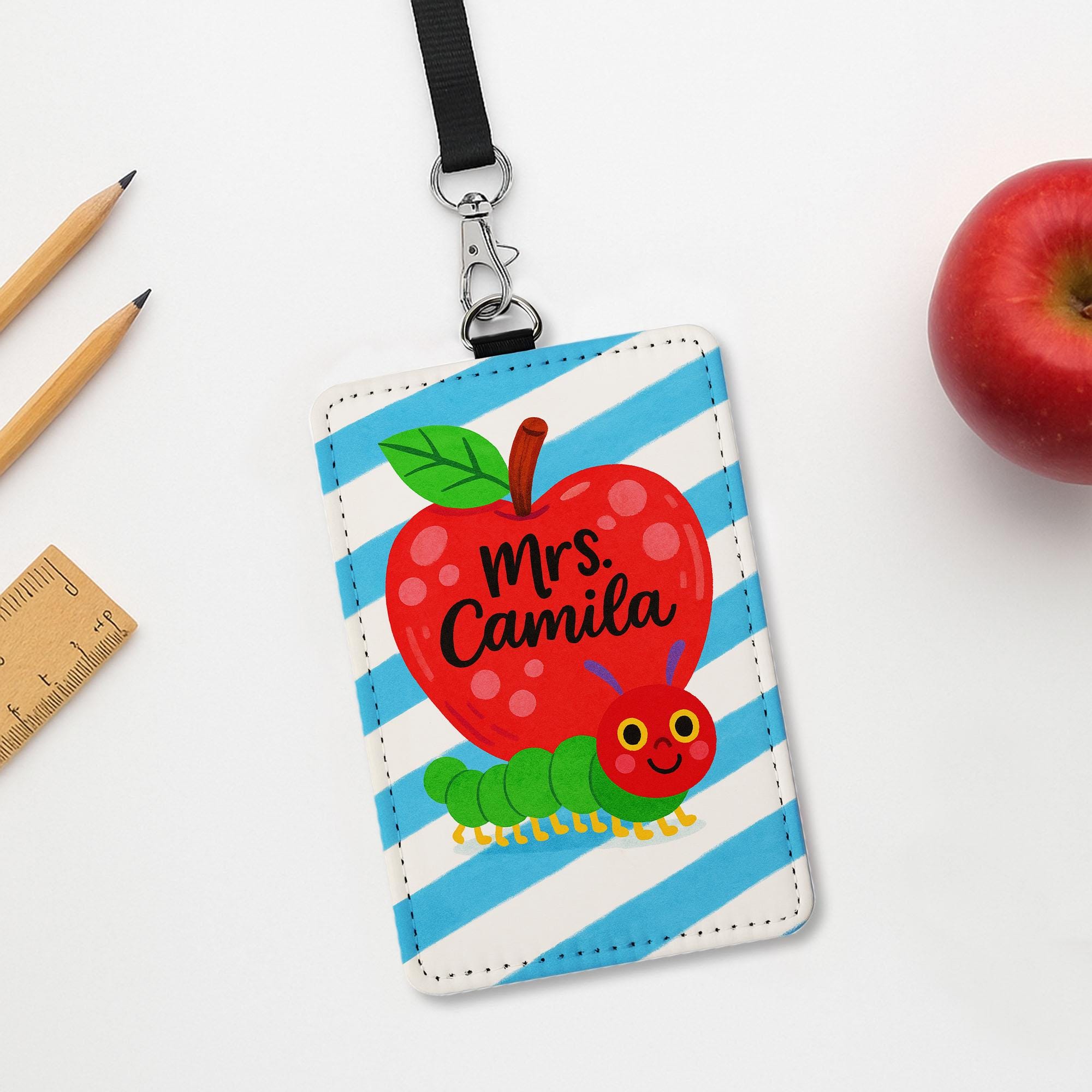 Personalized Teacher ID Badge Holder | Cute Apple and Caterpillar Name Tag for Teachers, Educators | Back to School Lanyard Accessory