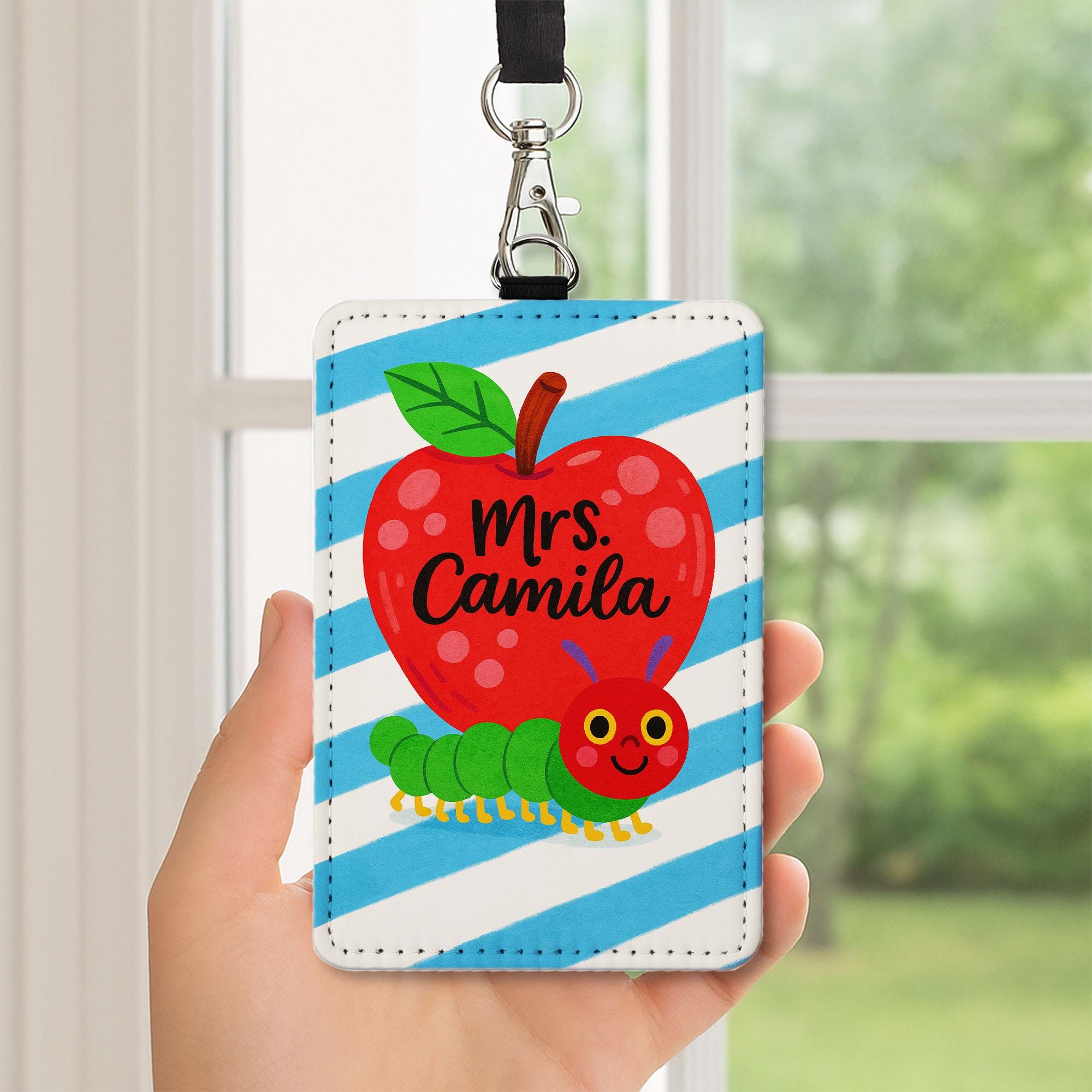 Personalized Teacher ID Badge Holder | Cute Apple and Caterpillar Name Tag for Teachers, Educators | Back to School Lanyard Accessory
