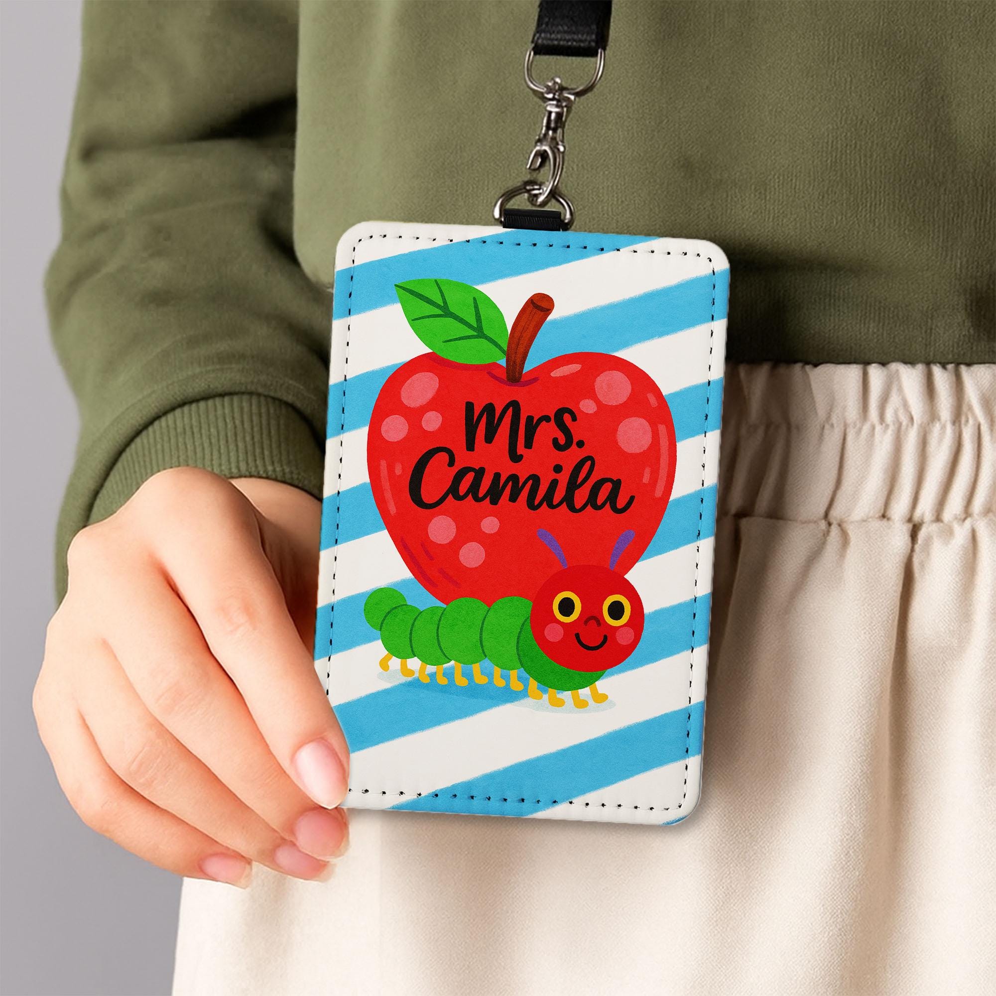 Personalized Teacher ID Badge Holder | Cute Apple and Caterpillar Name Tag for Teachers, Educators | Back to School Lanyard Accessory
