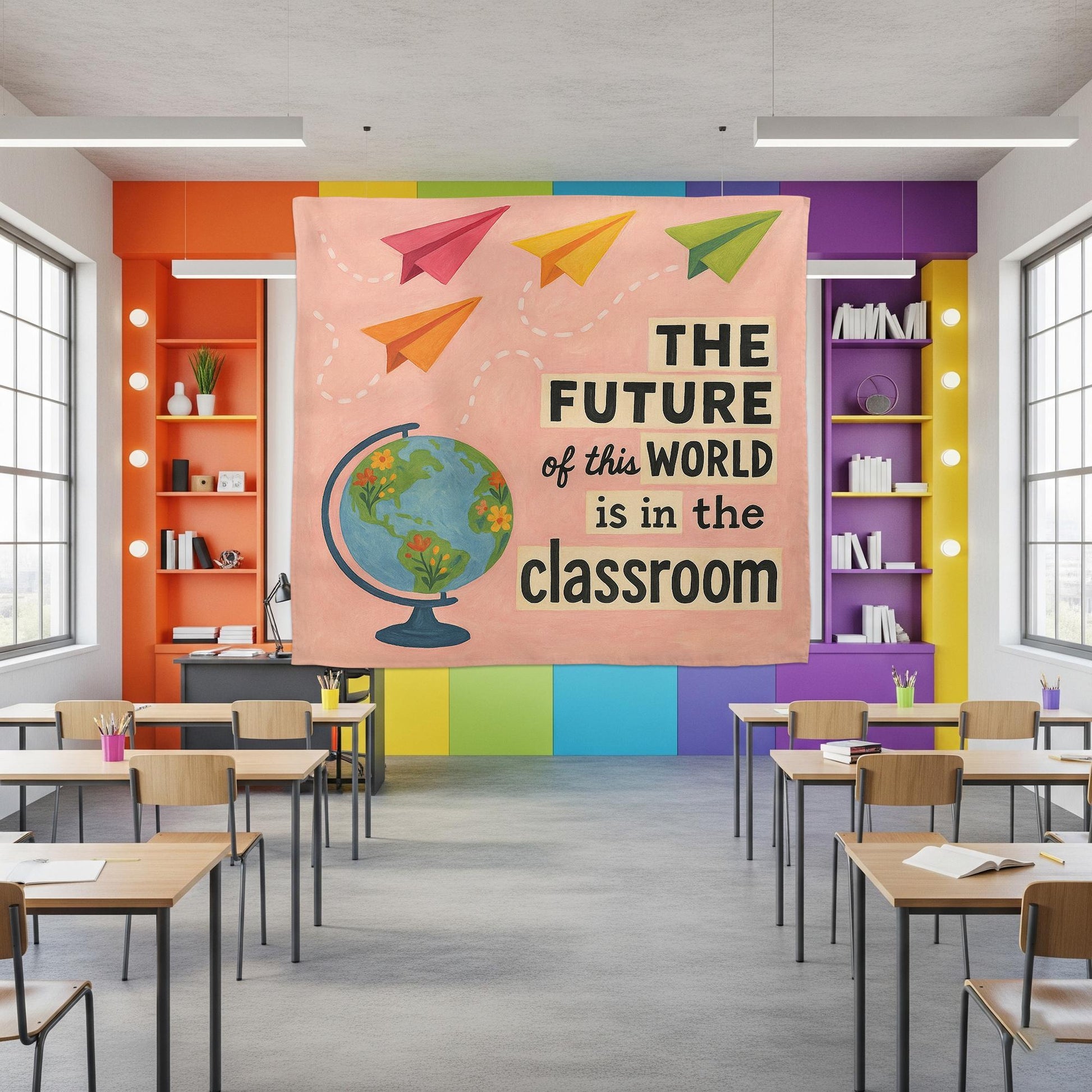 The Future Is in the Classroom Tapestry, Teacher Wall Art, Educational Globe Decor, Motivational Banner, Back to School Classroom Sign