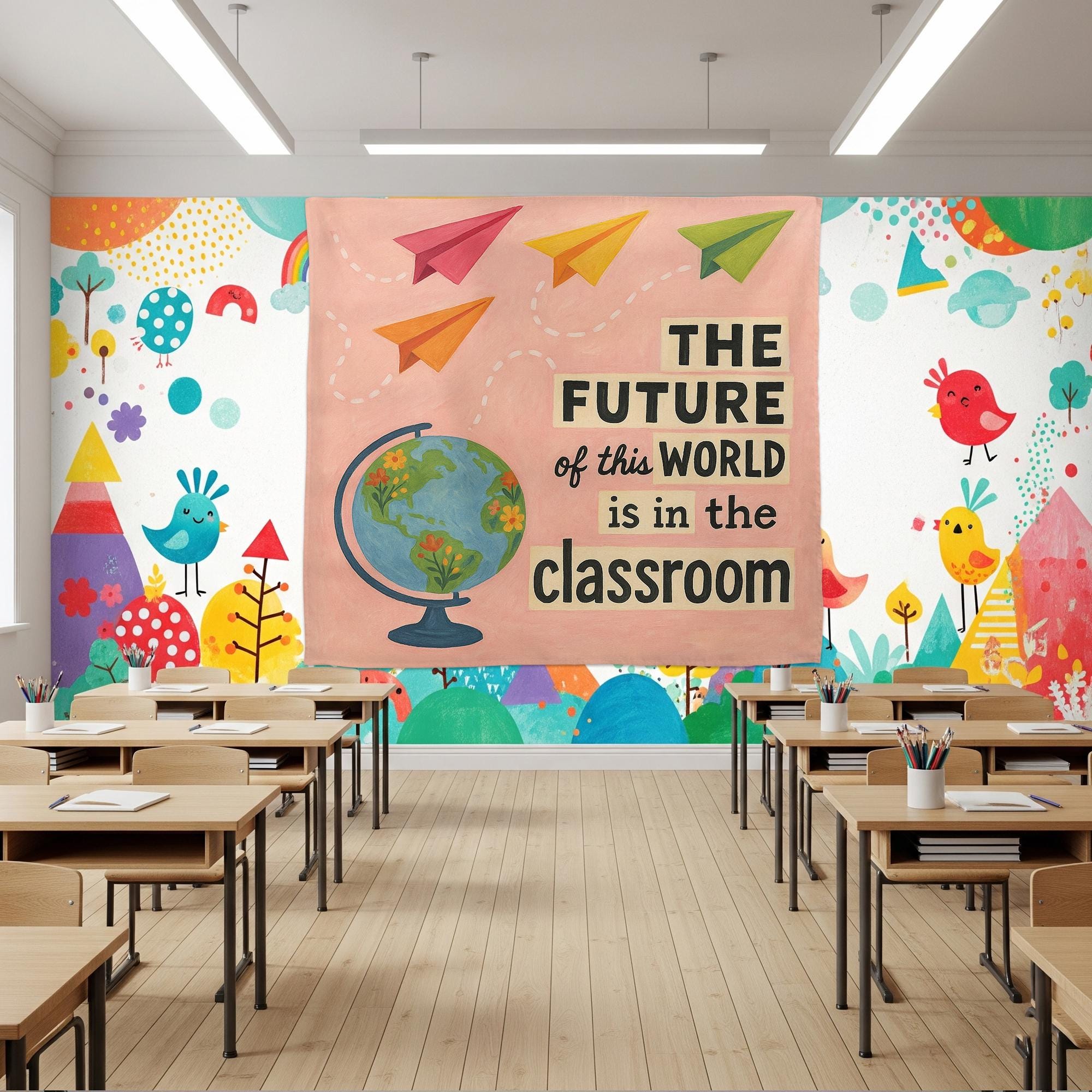 The Future Is in the Classroom Tapestry, Teacher Wall Art, Educational Globe Decor, Motivational Banner, Back to School Classroom Sign