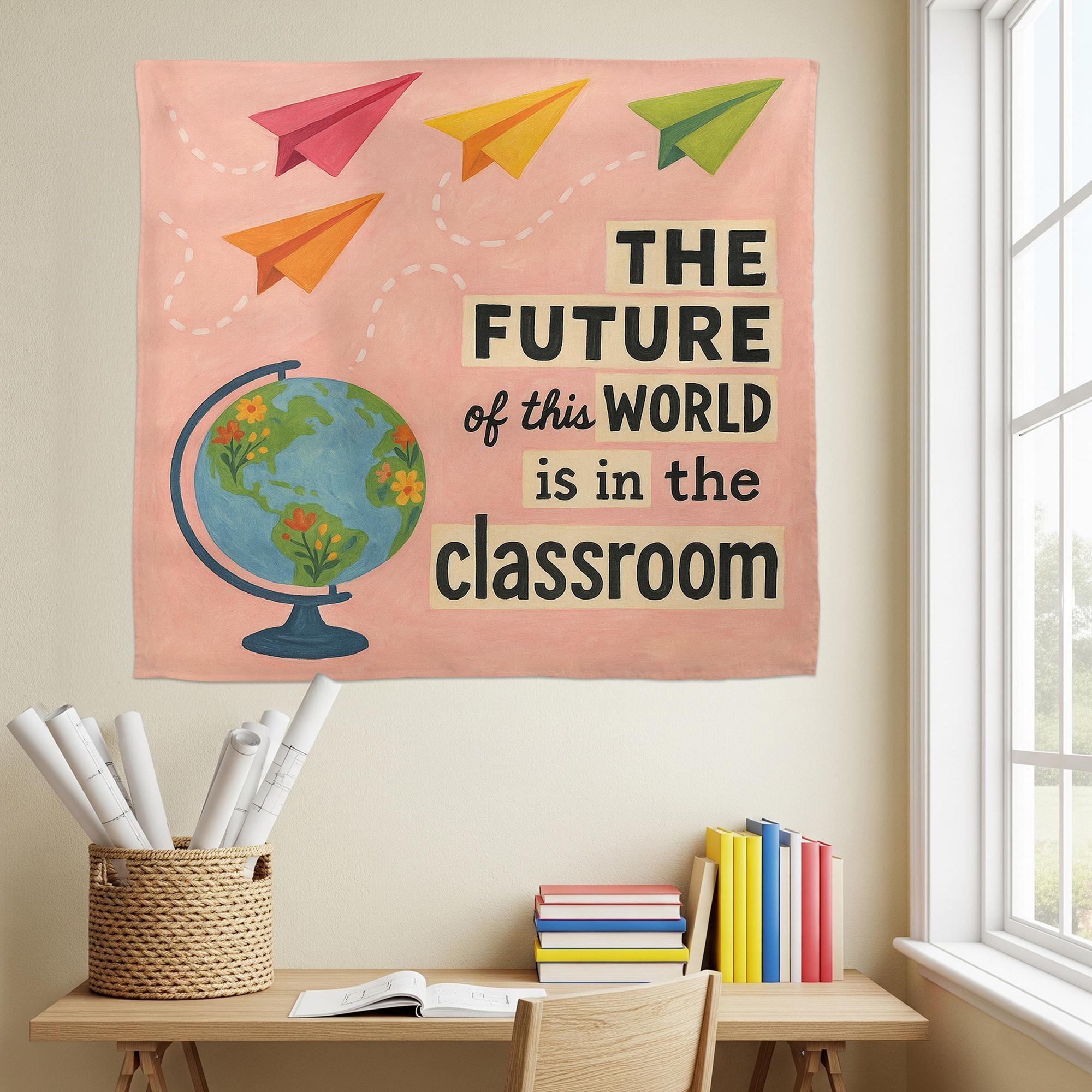 The Future Is in the Classroom Tapestry, Teacher Wall Art, Educational Globe Decor, Motivational Banner, Back to School Classroom Sign