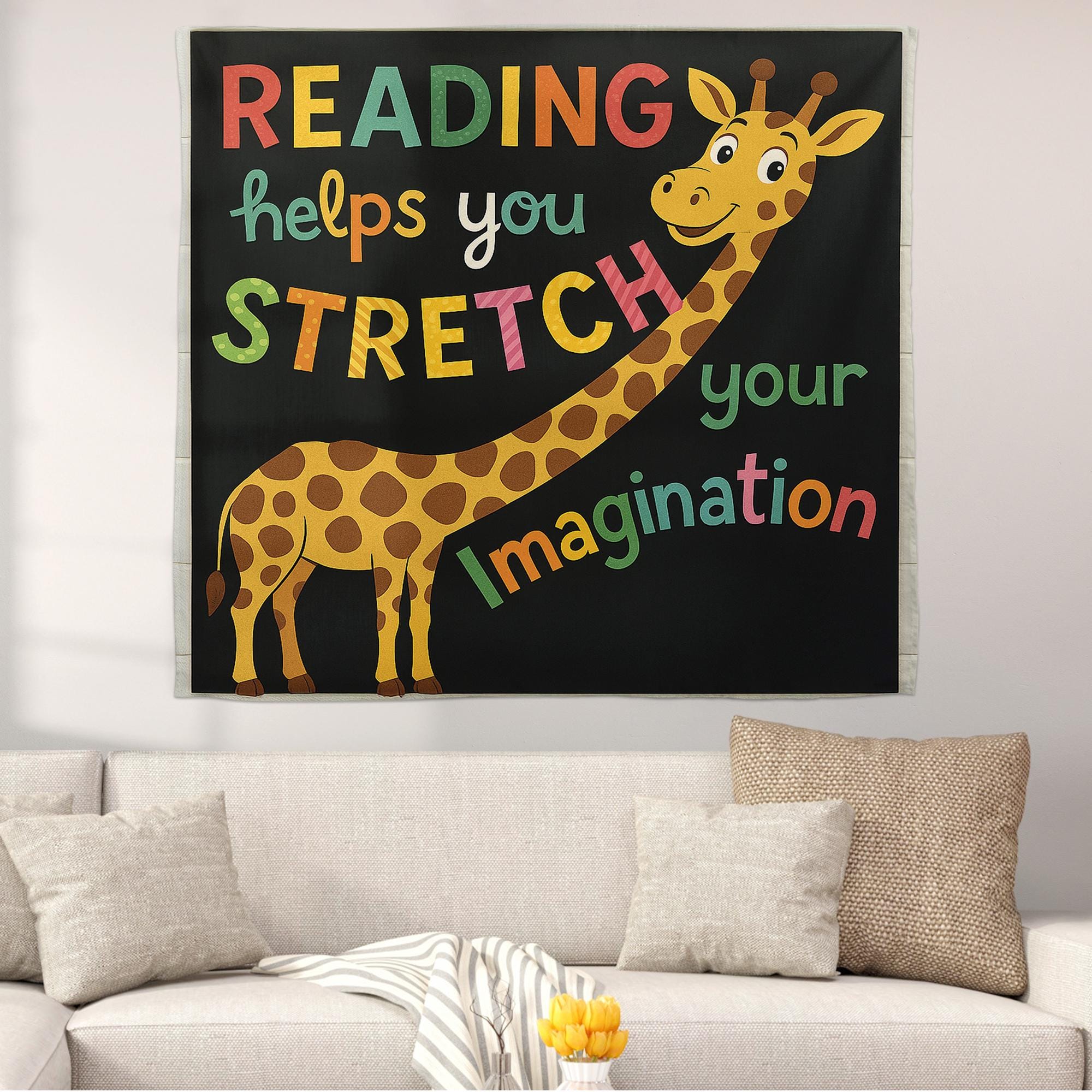 Reading Giraffe Classroom Tapestry, Stretch Your Imagination Wall Decor, Kids Reading Poster, Teacher Library Banner, Book Lover Sign