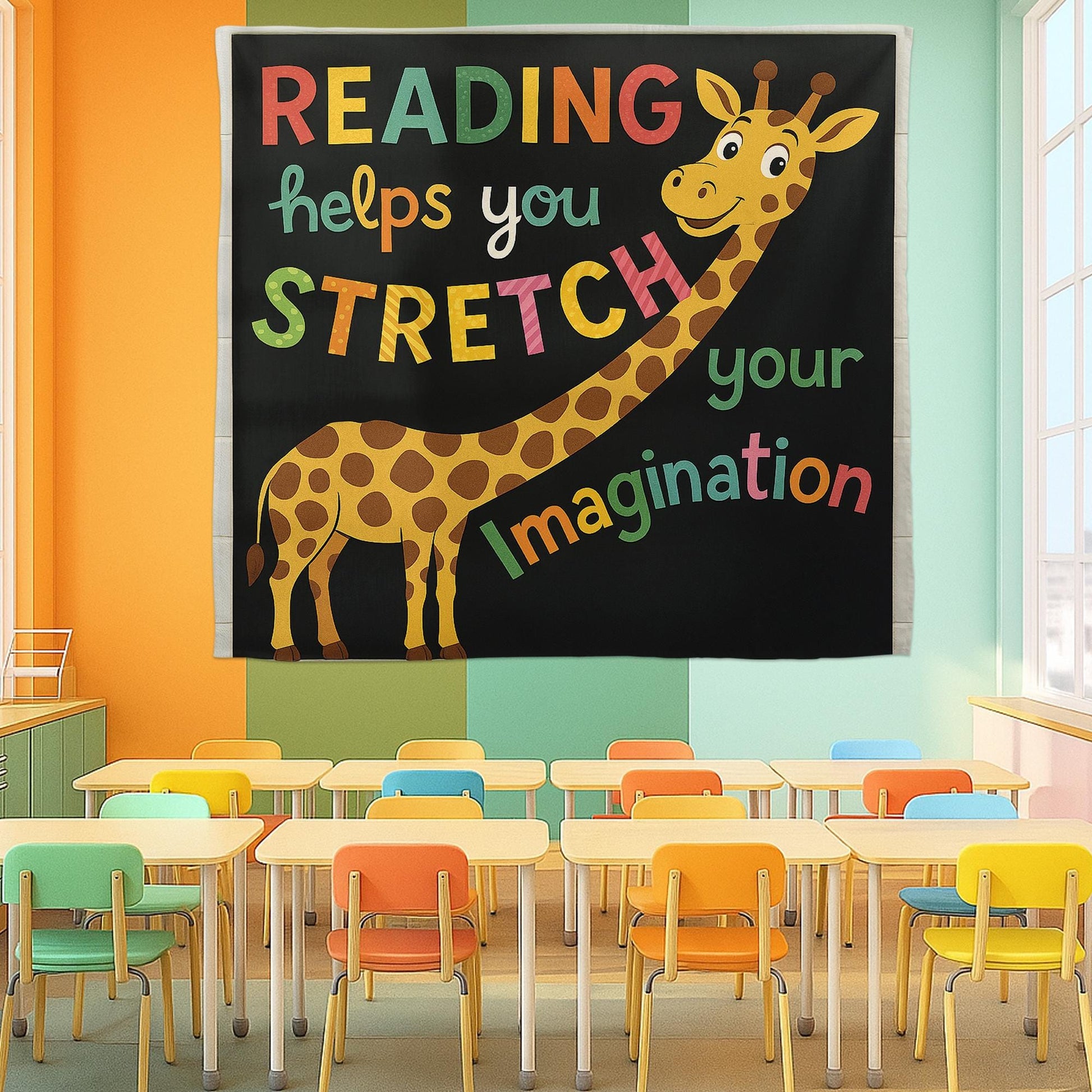 Reading Giraffe Classroom Tapestry, Stretch Your Imagination Wall Decor, Kids Reading Poster, Teacher Library Banner, Book Lover Sign