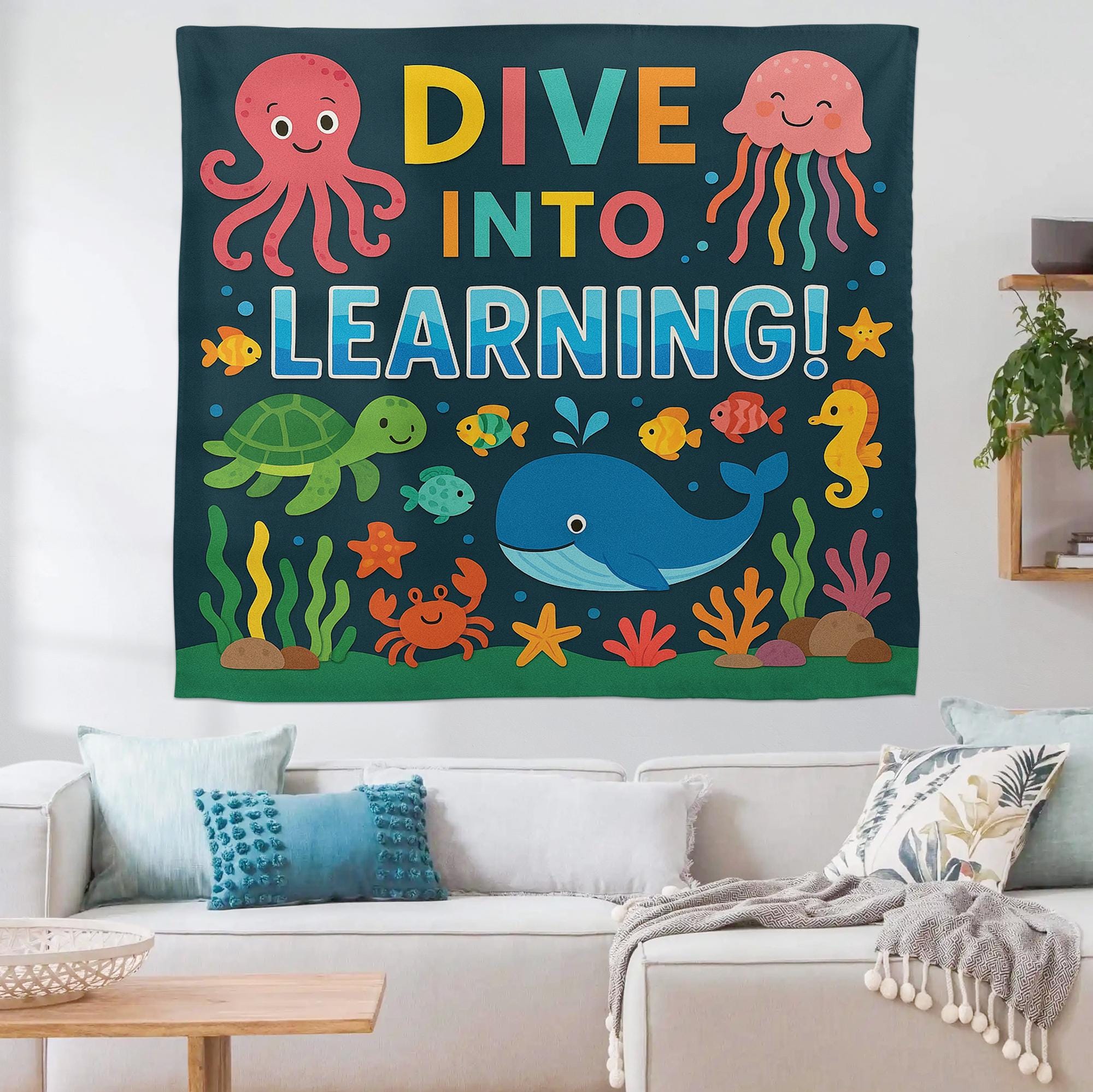 Dive Into Learning Classroom Tapestry, Ocean Theme Wall Decor for Kids, Under the Sea Teacher Banner, Preschool Classroom Poster