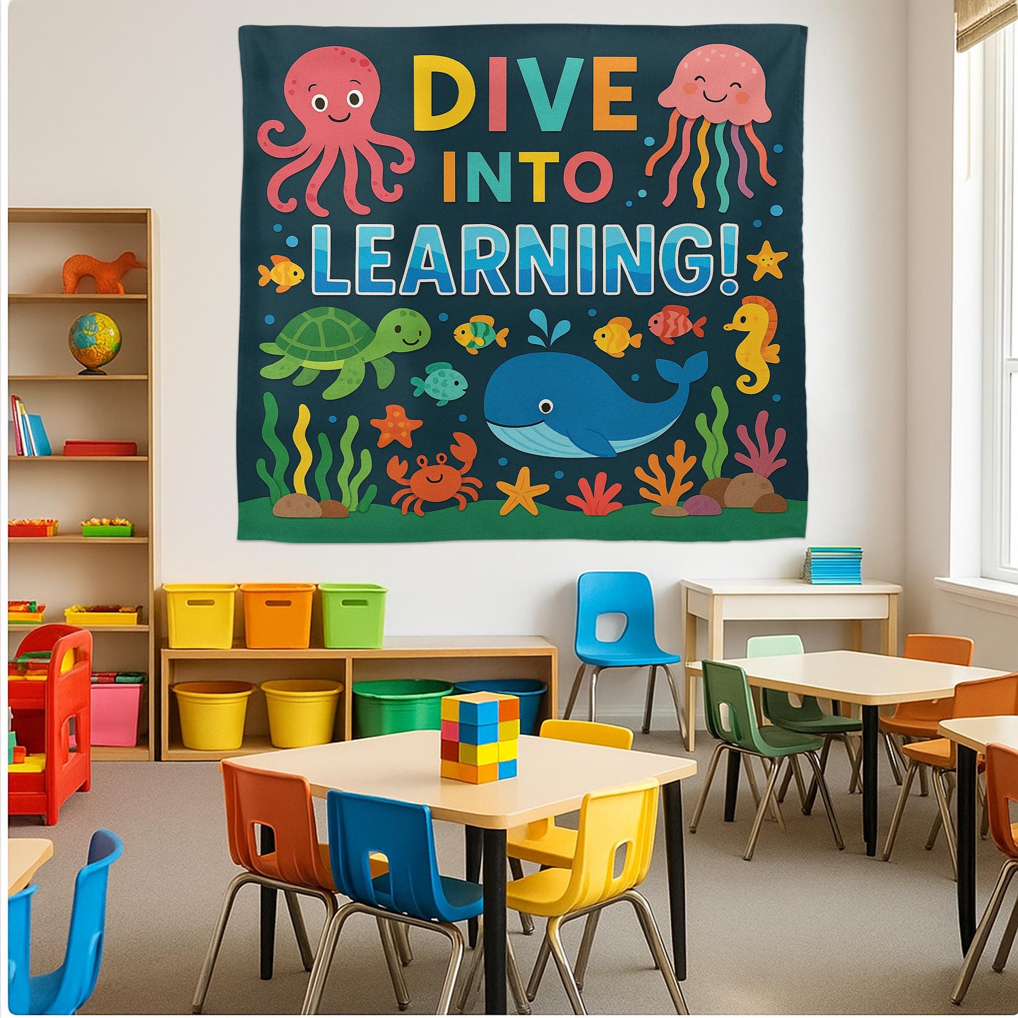 Dive Into Learning Classroom Tapestry, Ocean Theme Wall Decor for Kids, Under the Sea Teacher Banner, Preschool Classroom Poster