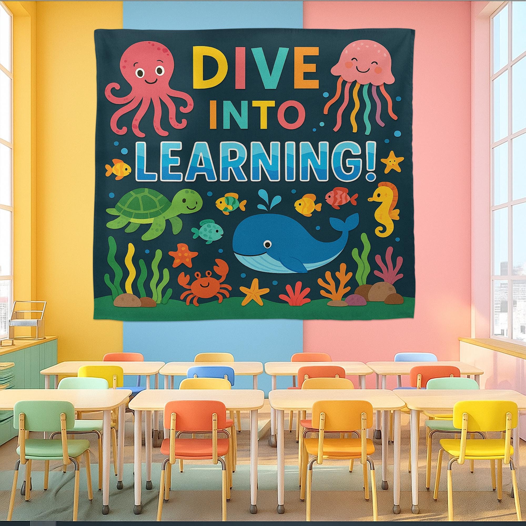 Dive Into Learning Classroom Tapestry, Ocean Theme Wall Decor for Kids, Under the Sea Teacher Banner, Preschool Classroom Poster