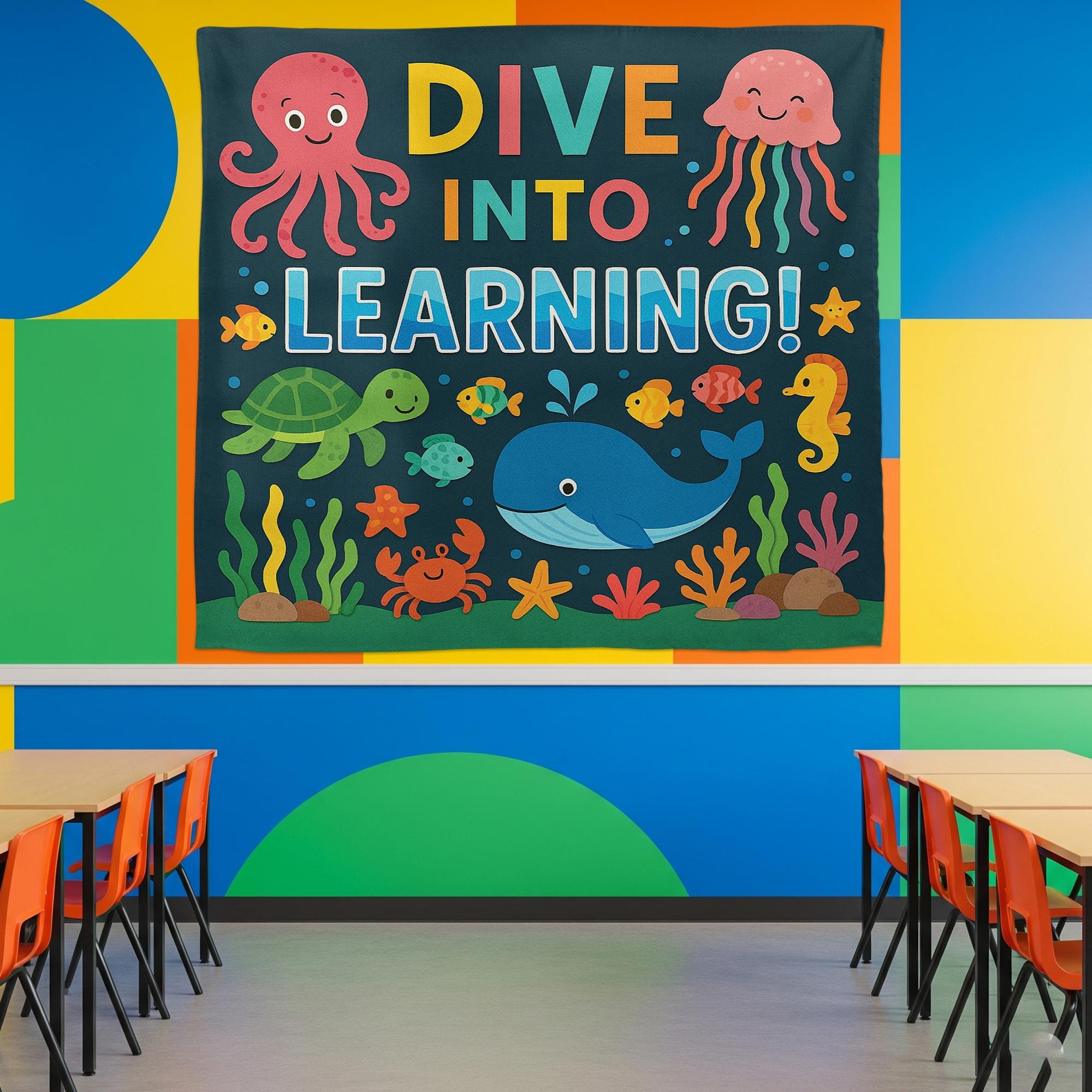 Dive Into Learning Classroom Tapestry, Ocean Theme Wall Decor for Kids, Under the Sea Teacher Banner, Preschool Classroom Poster