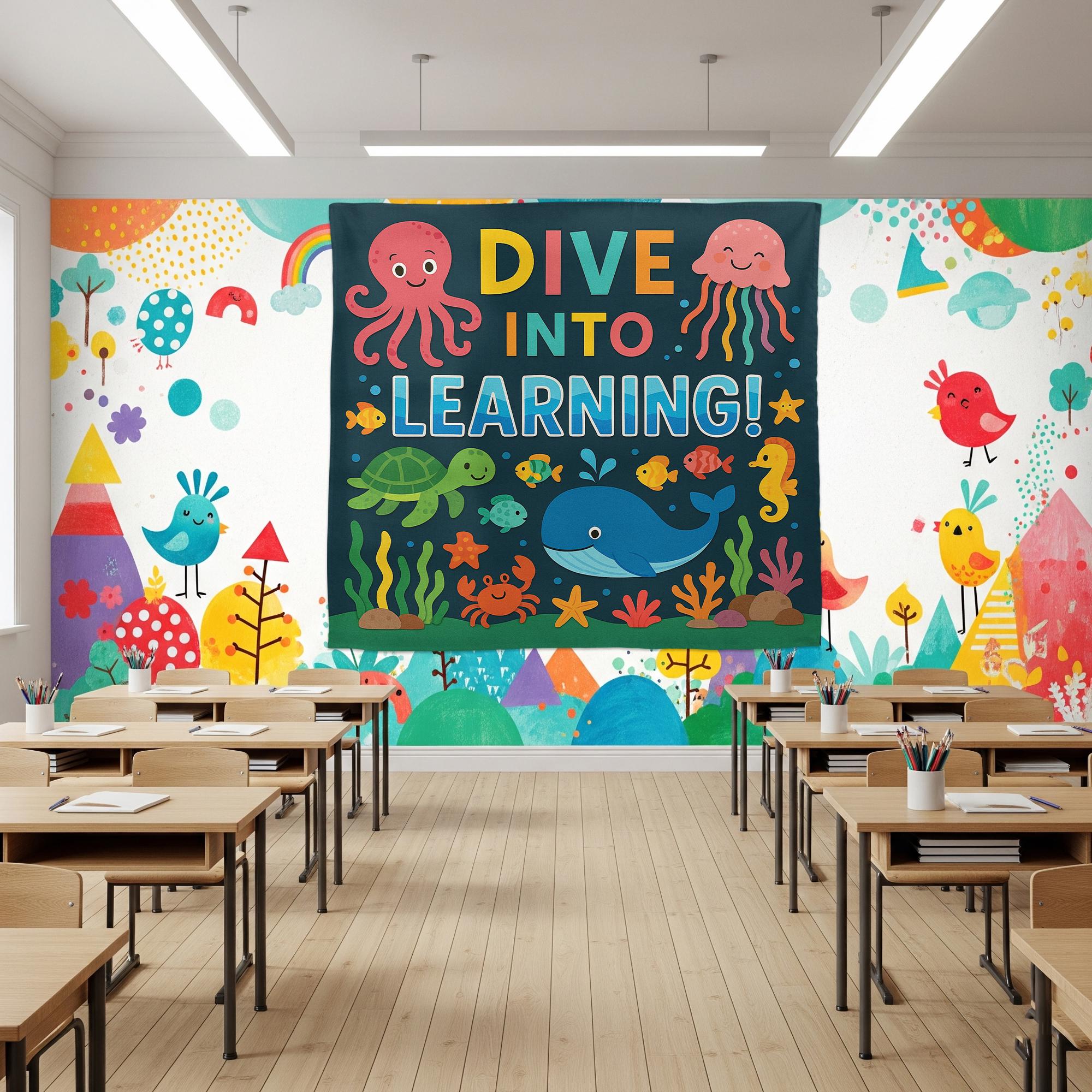 Dive Into Learning Classroom Tapestry, Ocean Theme Wall Decor for Kids, Under the Sea Teacher Banner, Preschool Classroom Poster