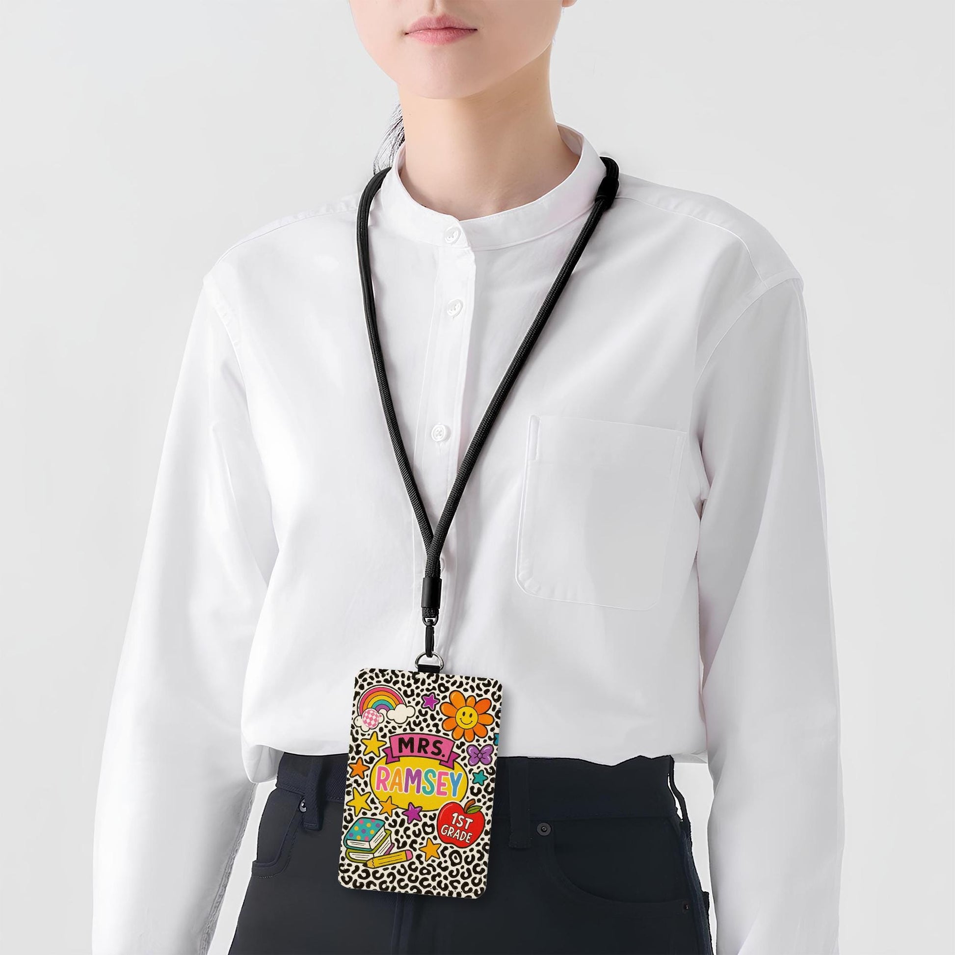 Personalized 1st Grade Teacher ID Badge | Colorful Leopard Print Name Tag for Teachers, Educators | Fun Back to School Lanyard, School Tag