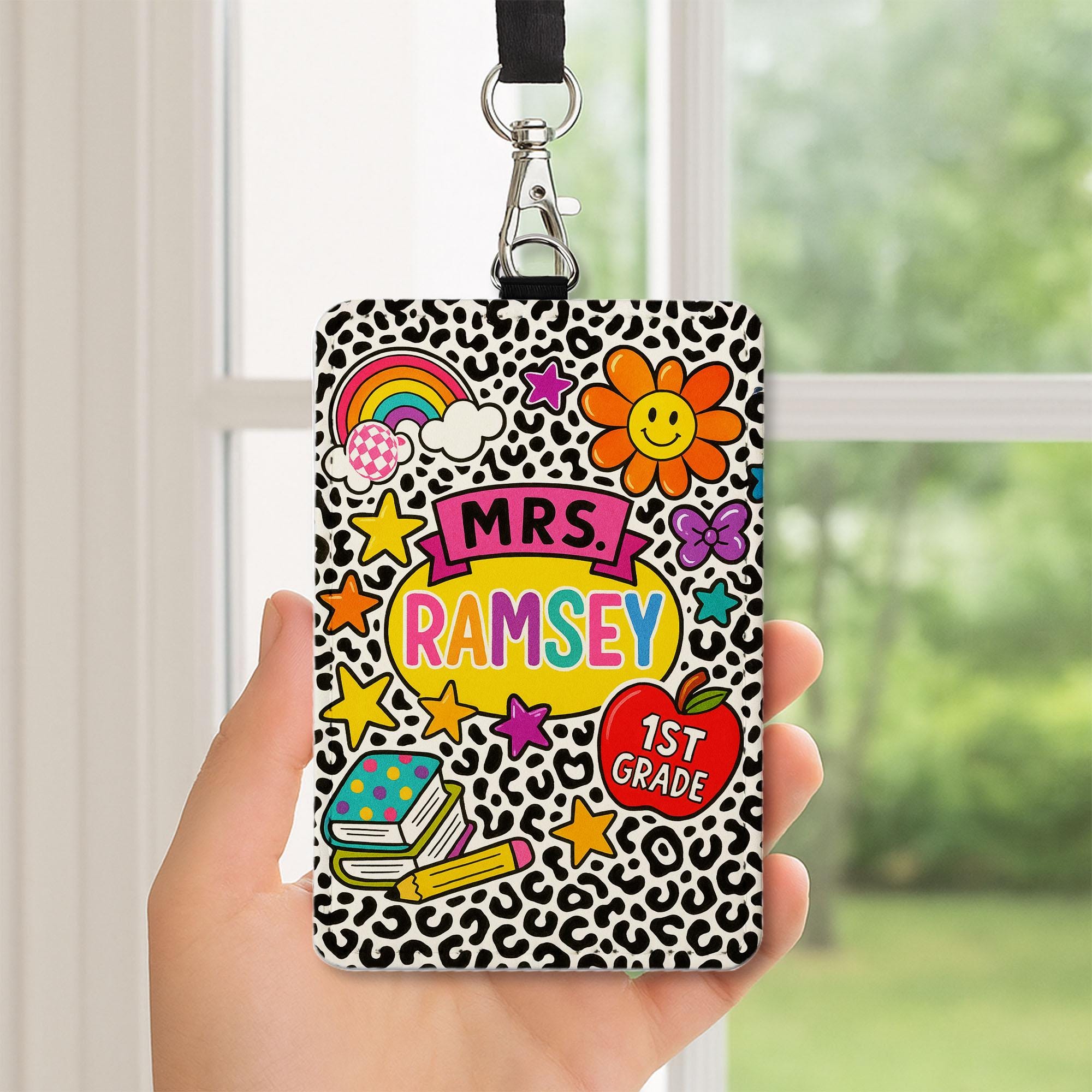 Personalized 1st Grade Teacher ID Badge | Colorful Leopard Print Name Tag for Teachers, Educators | Fun Back to School Lanyard, School Tag