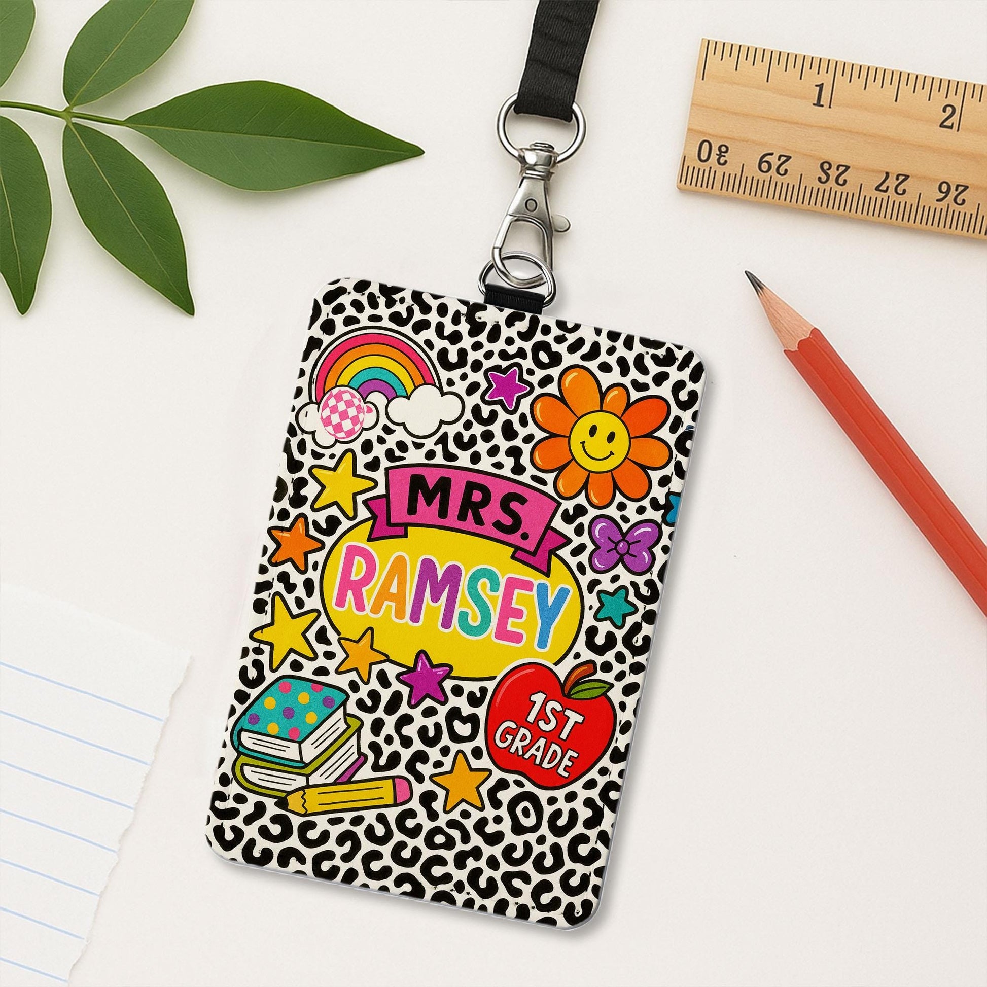 Personalized 1st Grade Teacher ID Badge | Colorful Leopard Print Name Tag for Teachers, Educators | Fun Back to School Lanyard, School Tag