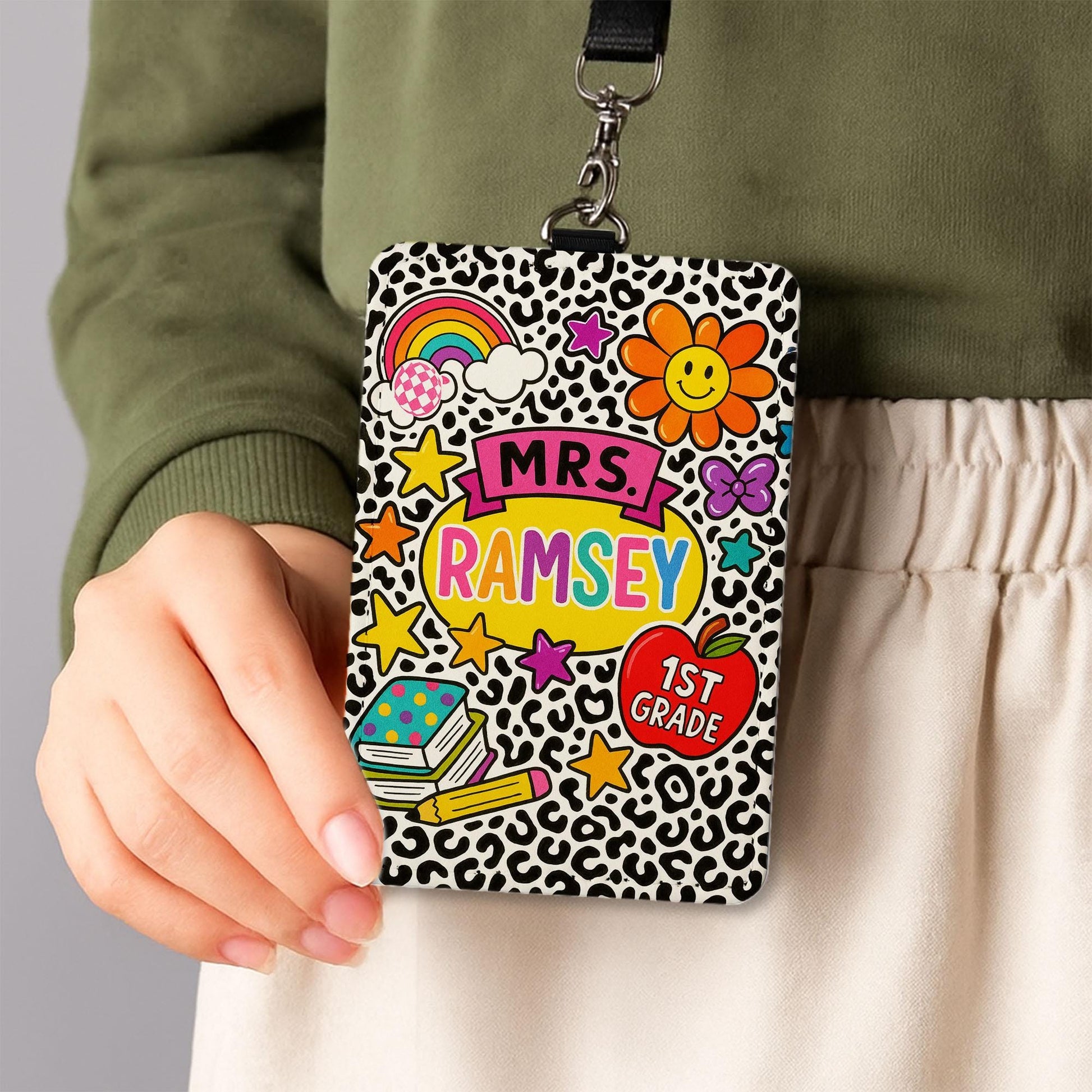 Personalized 1st Grade Teacher ID Badge | Colorful Leopard Print Name Tag for Teachers, Educators | Fun Back to School Lanyard, School Tag